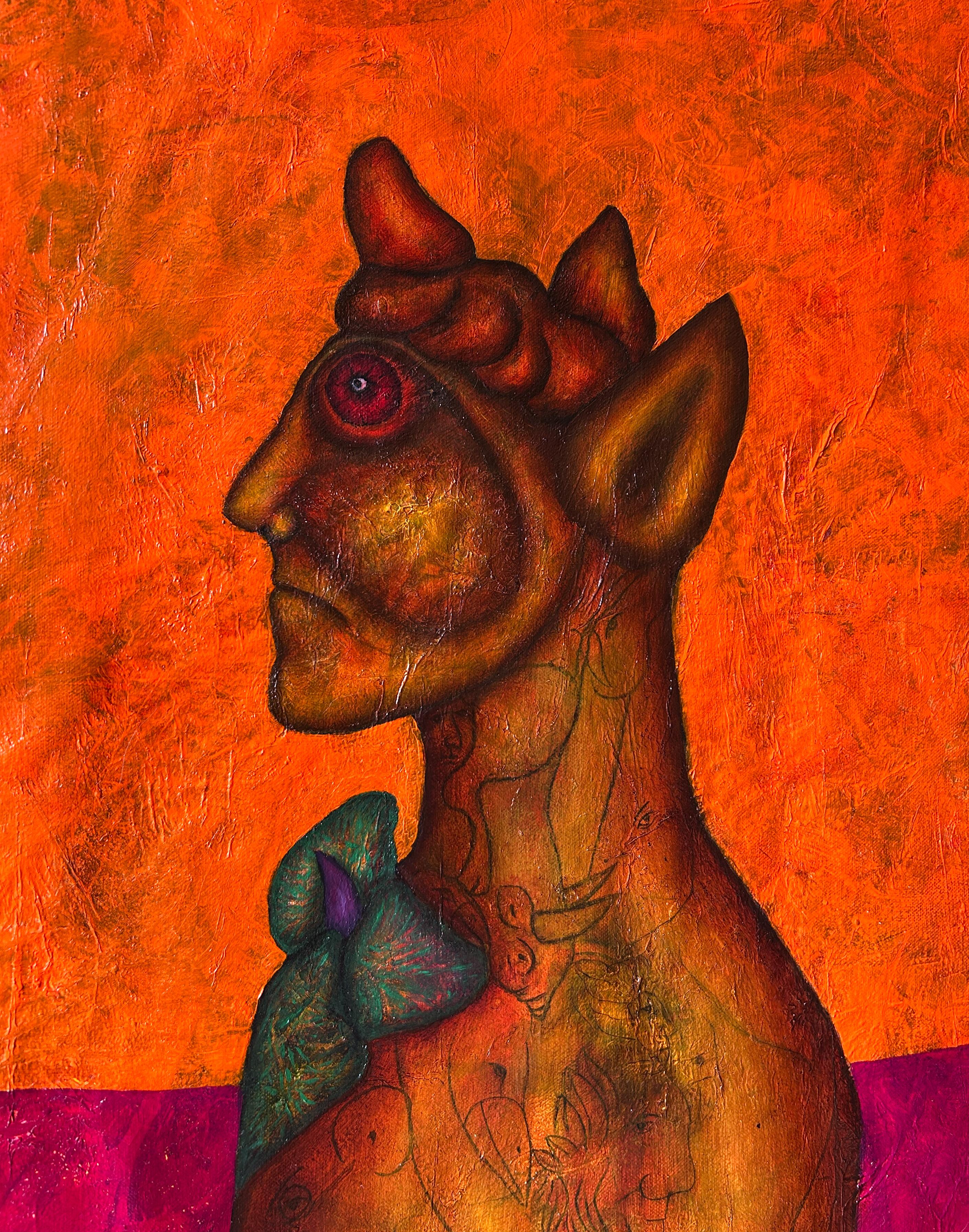 Oil on canvas in textured mixed technique. This piece is part of a series where I explore our connection with animals through the human and magical. It represents a man-animal looking at the horizon and himself. It is made with professional Winsor &