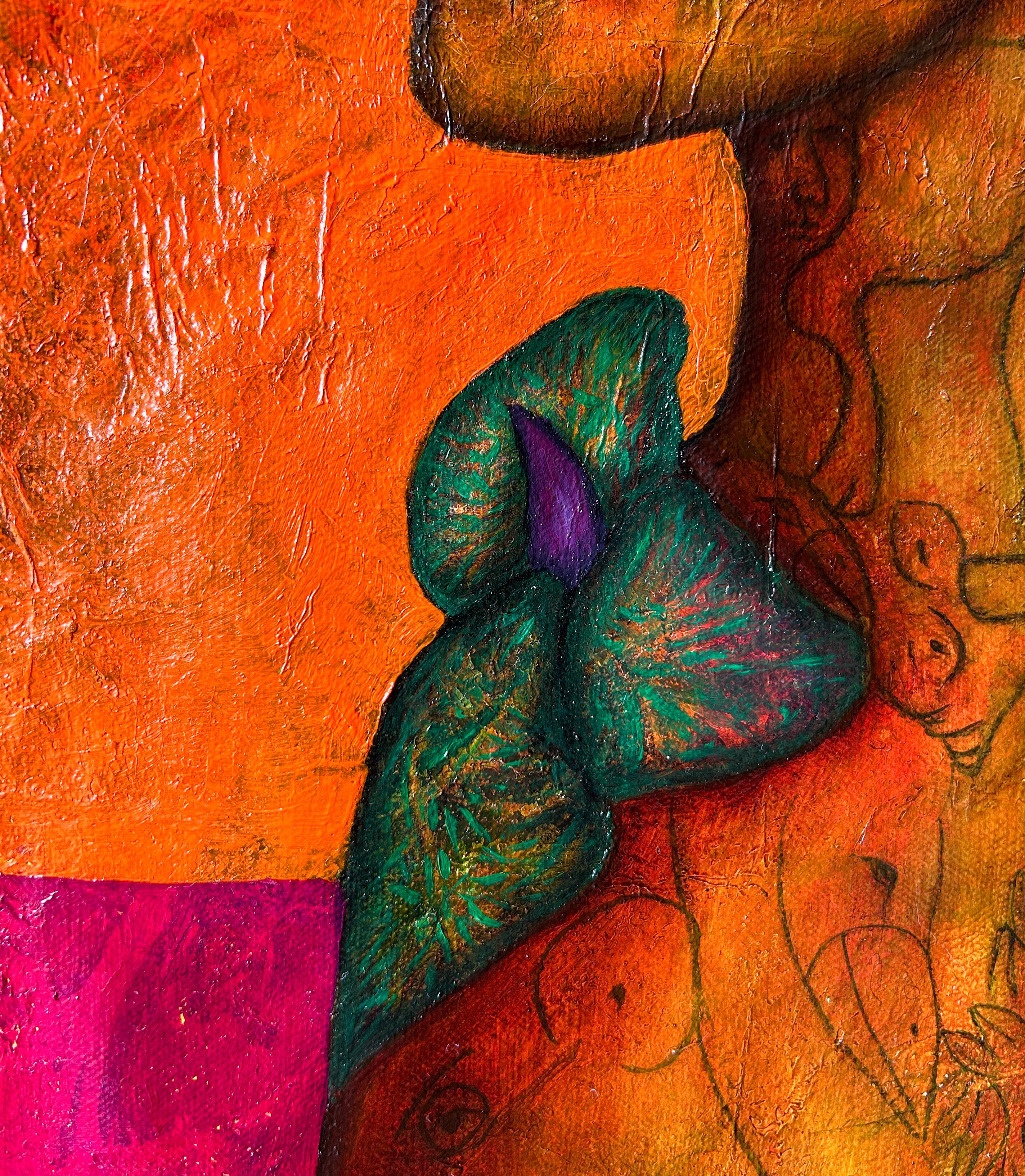 Contemporary Art, Oil on Canvas And Textures, Man-Animal And Flower. “The Gifts” For Sale 1