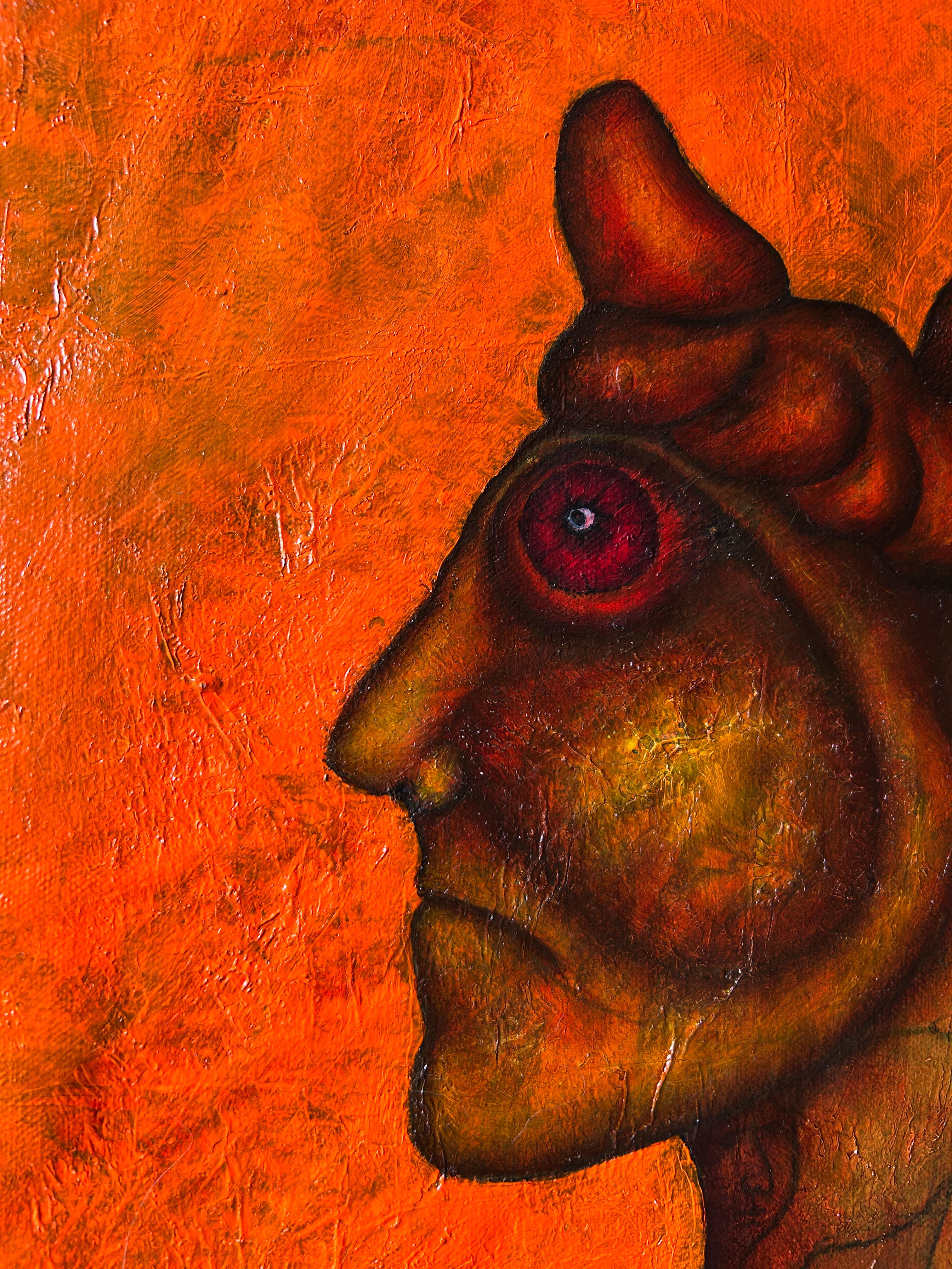 Contemporary Art, Oil on Canvas And Textures, Man-Animal And Flower. “The Gifts” For Sale 2