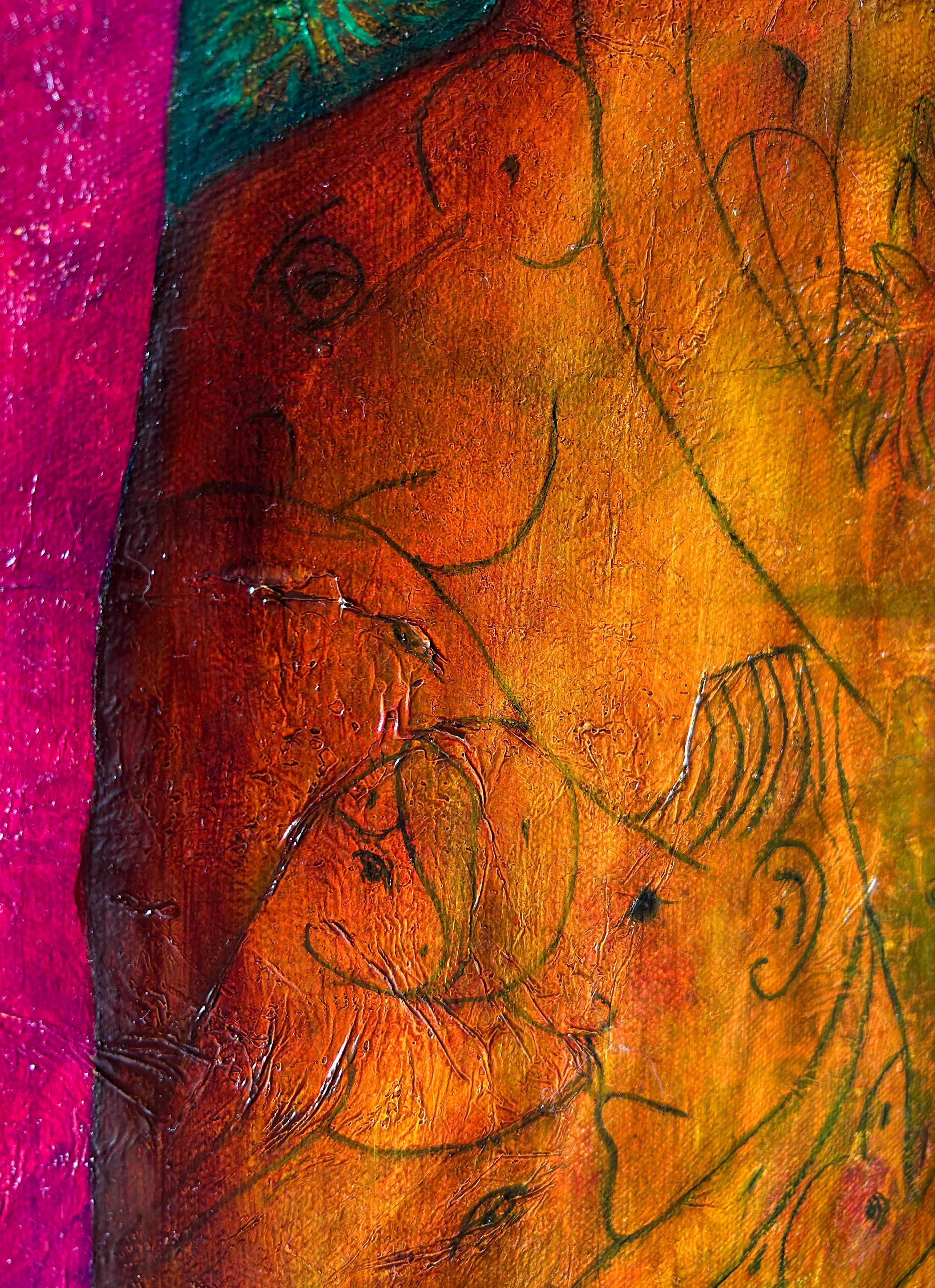 Contemporary Art, Oil on Canvas And Textures, Man-Animal And Flower. “The Gifts” For Sale 3
