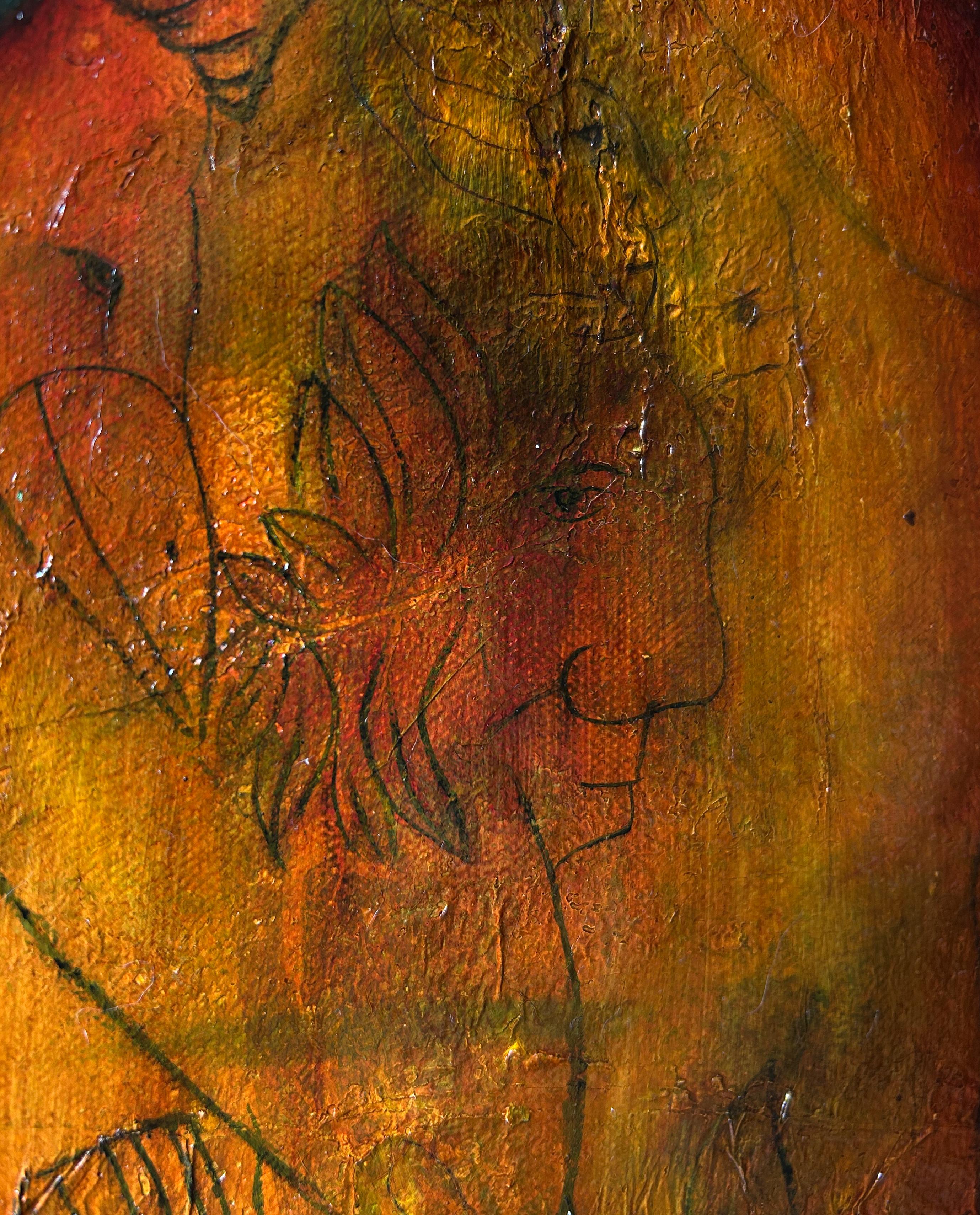 Contemporary Art, Oil on Canvas And Textures, Man-Animal And Flower. “The Gifts” For Sale 4