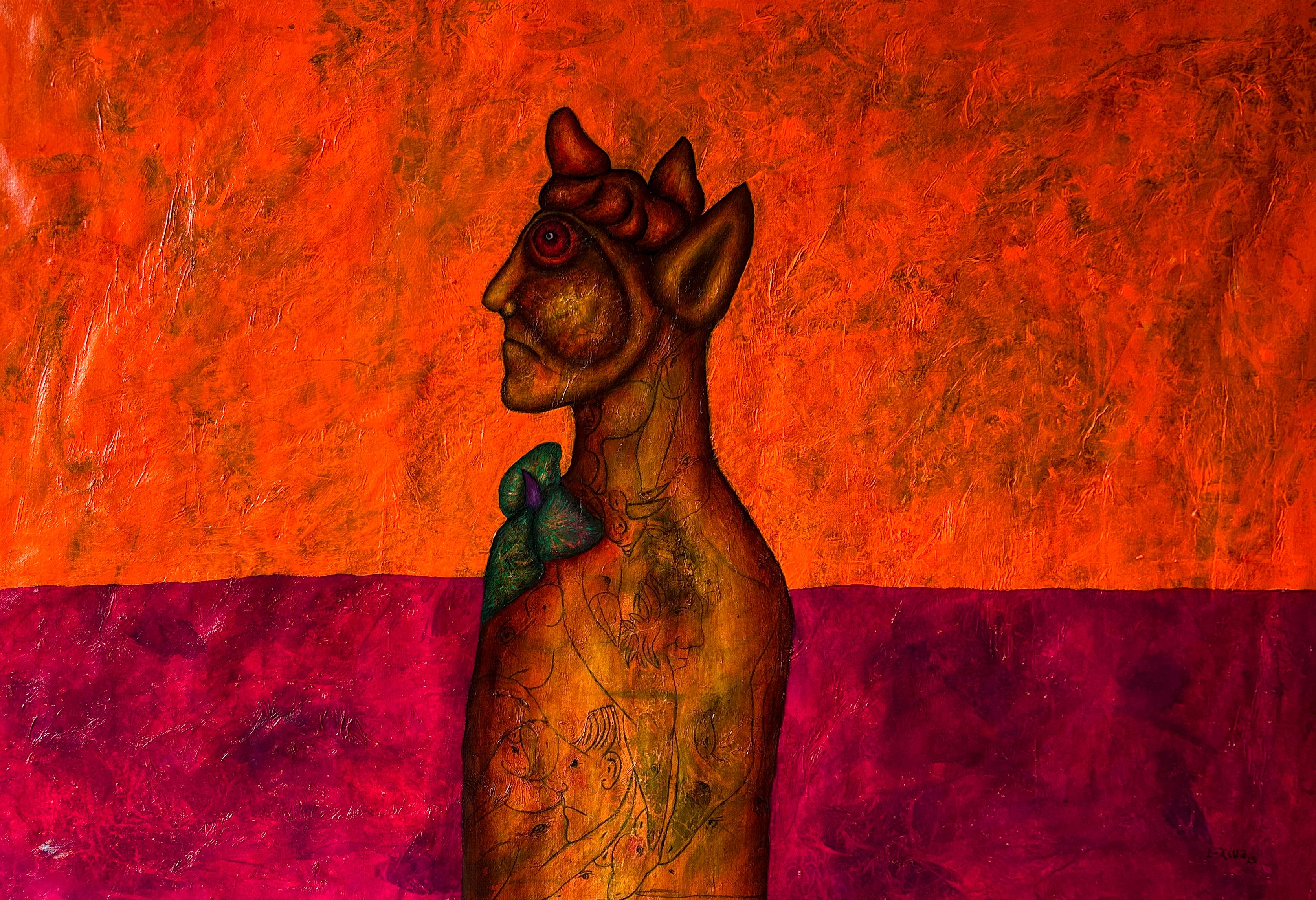 Arte contemporanea, Olio su tela e texture, Uomo-Animale e Fiore. "I doni"