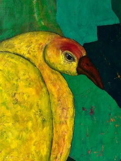 Pittura ad olio figurativa contemporanea in verde con pinguino, "I dimenticati".