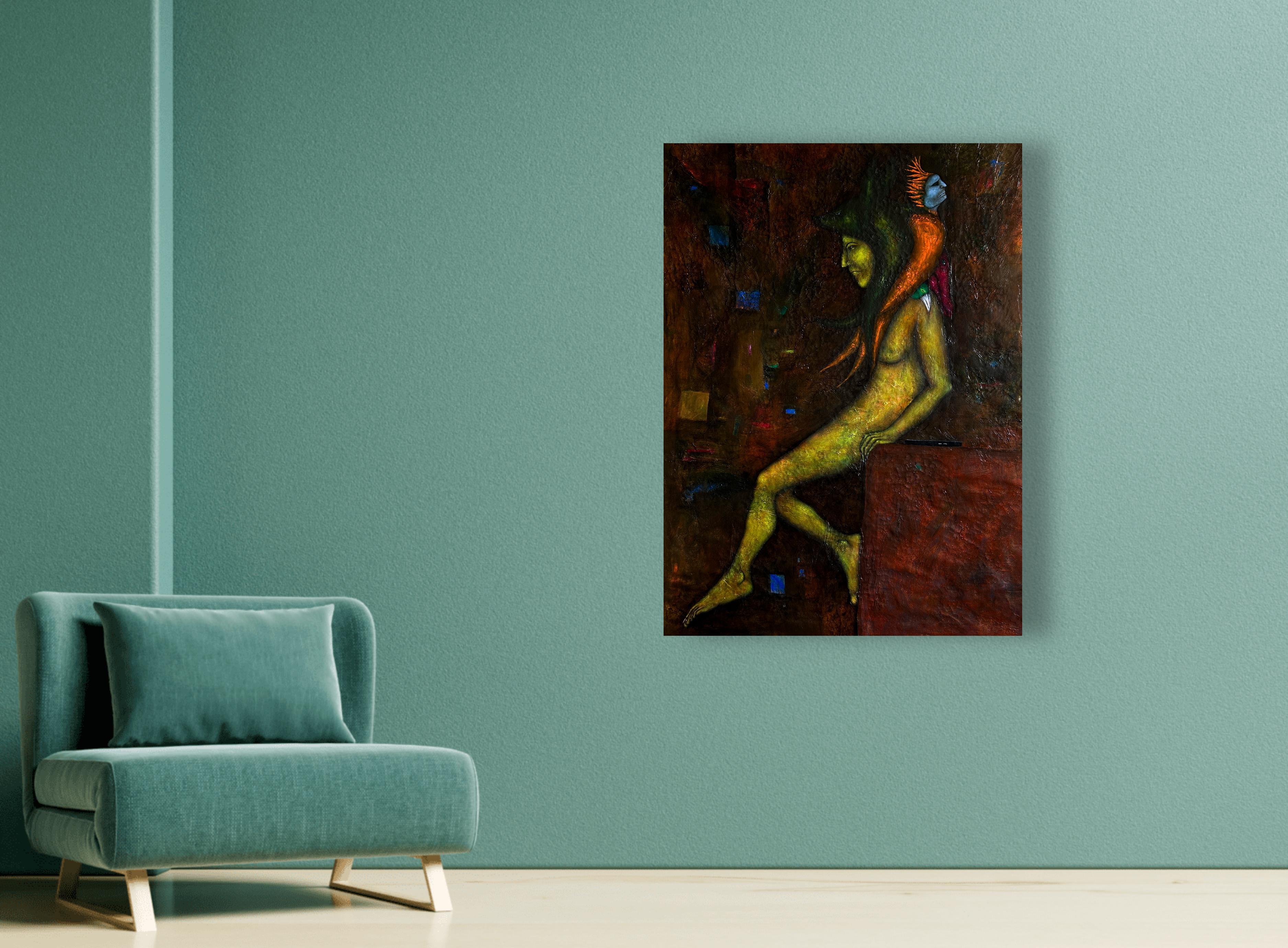 Pittura a olio moderna con nudo ed esseri fantastici 