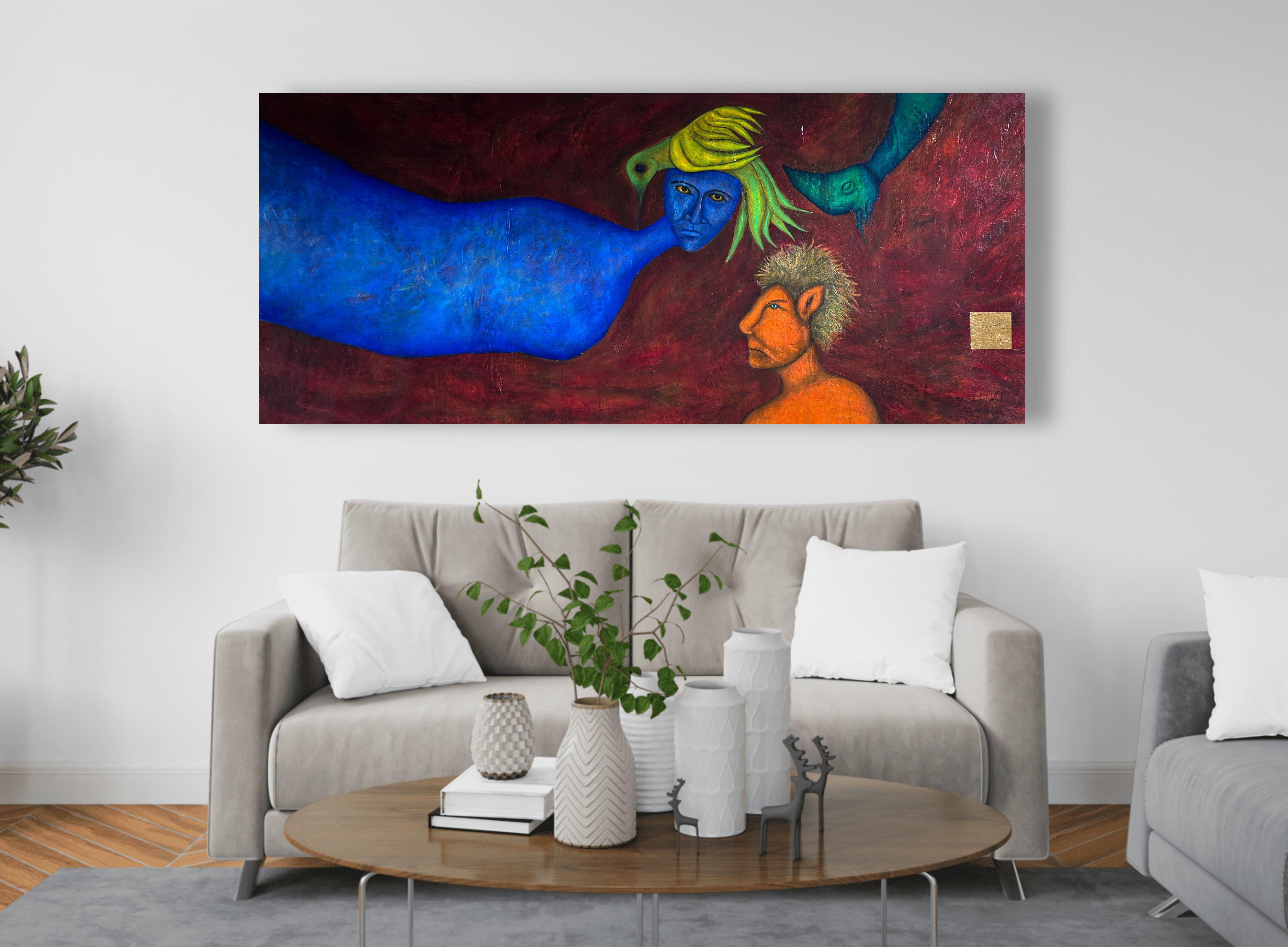 Zeitgenössisches Öl auf Leinwand, figurativ und Gold. 