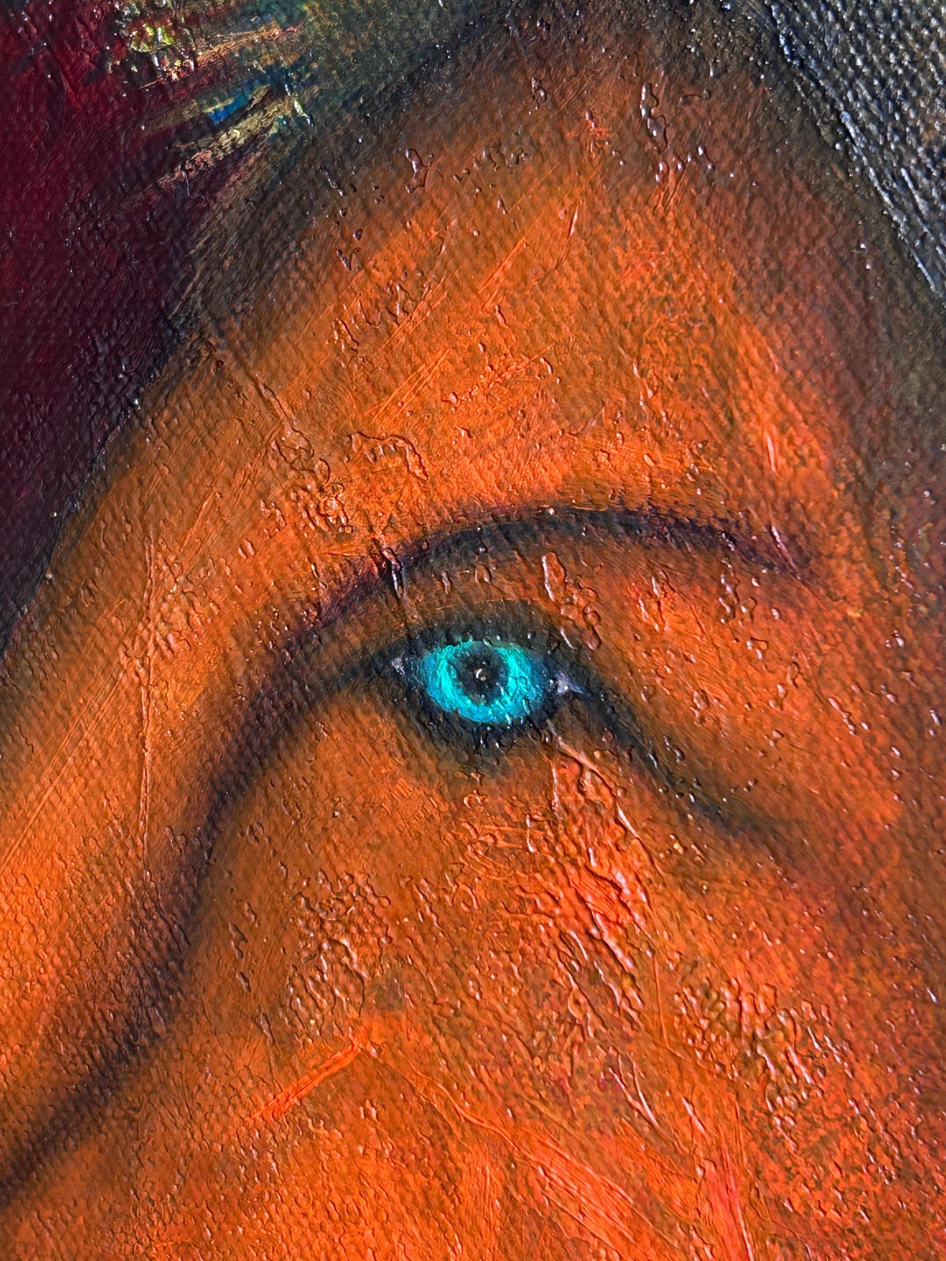 Ölgemälde auf Leinwand, das eine Begegnung zwischen traumhaften oder symbolischen Figuren darstellt, die in einem unbestimmten Raum angeordnet sind. Eine längliche blaue Figur mit menschlichem Gesicht erstreckt sich von der linken Seite, während