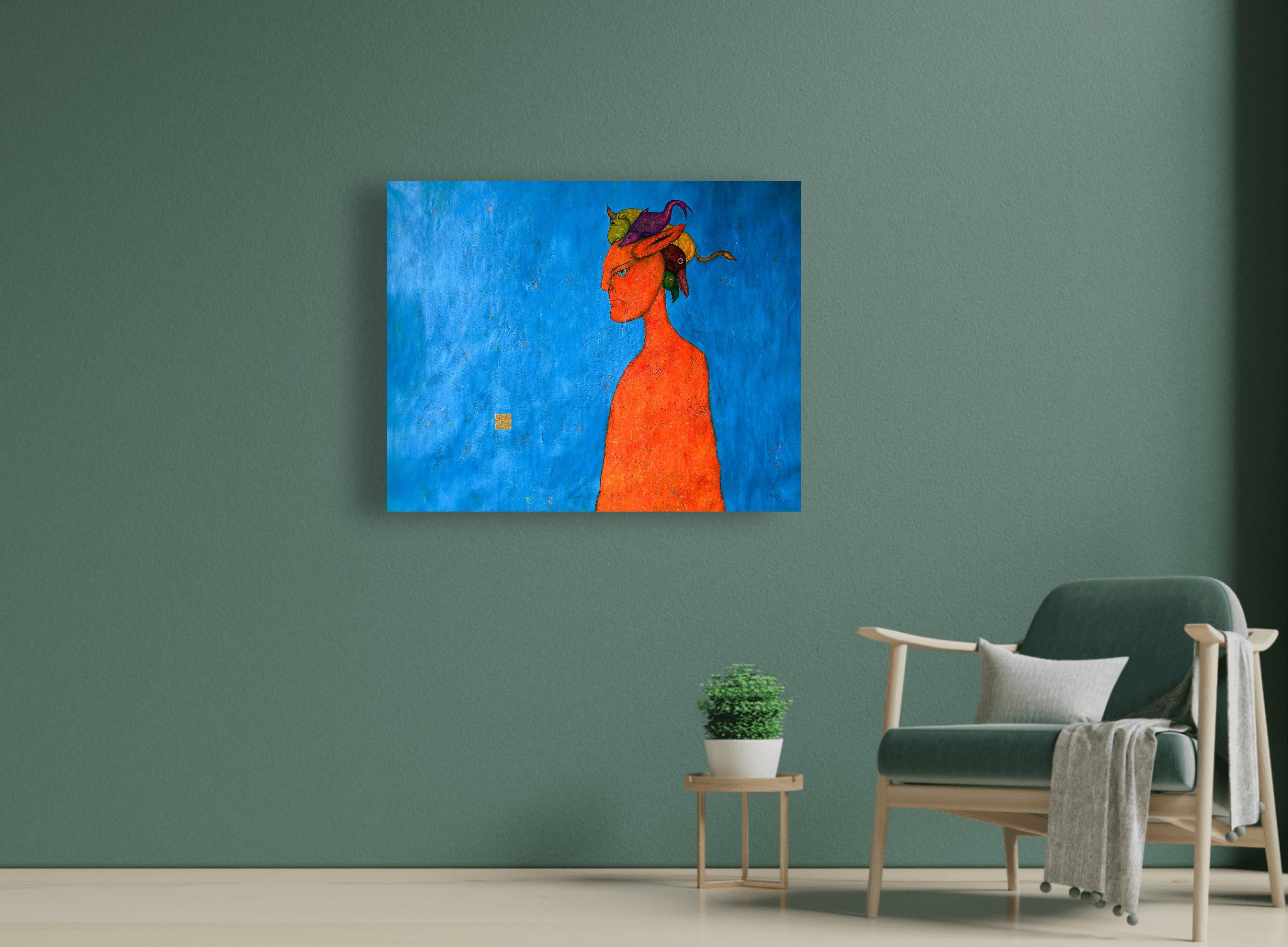 Ölgemälde auf Leinwand und Blattgold „The Luminous Moment #1 Blau und Orange“ – Painting von Luis Alexander Rodríguez (Ie-Xiua)