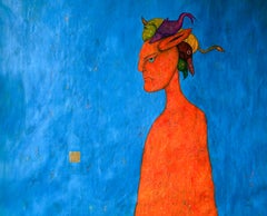 Pittura a olio su tela e foglia d'oro "Il momento di Luminosità #1 Blu e Arancione".