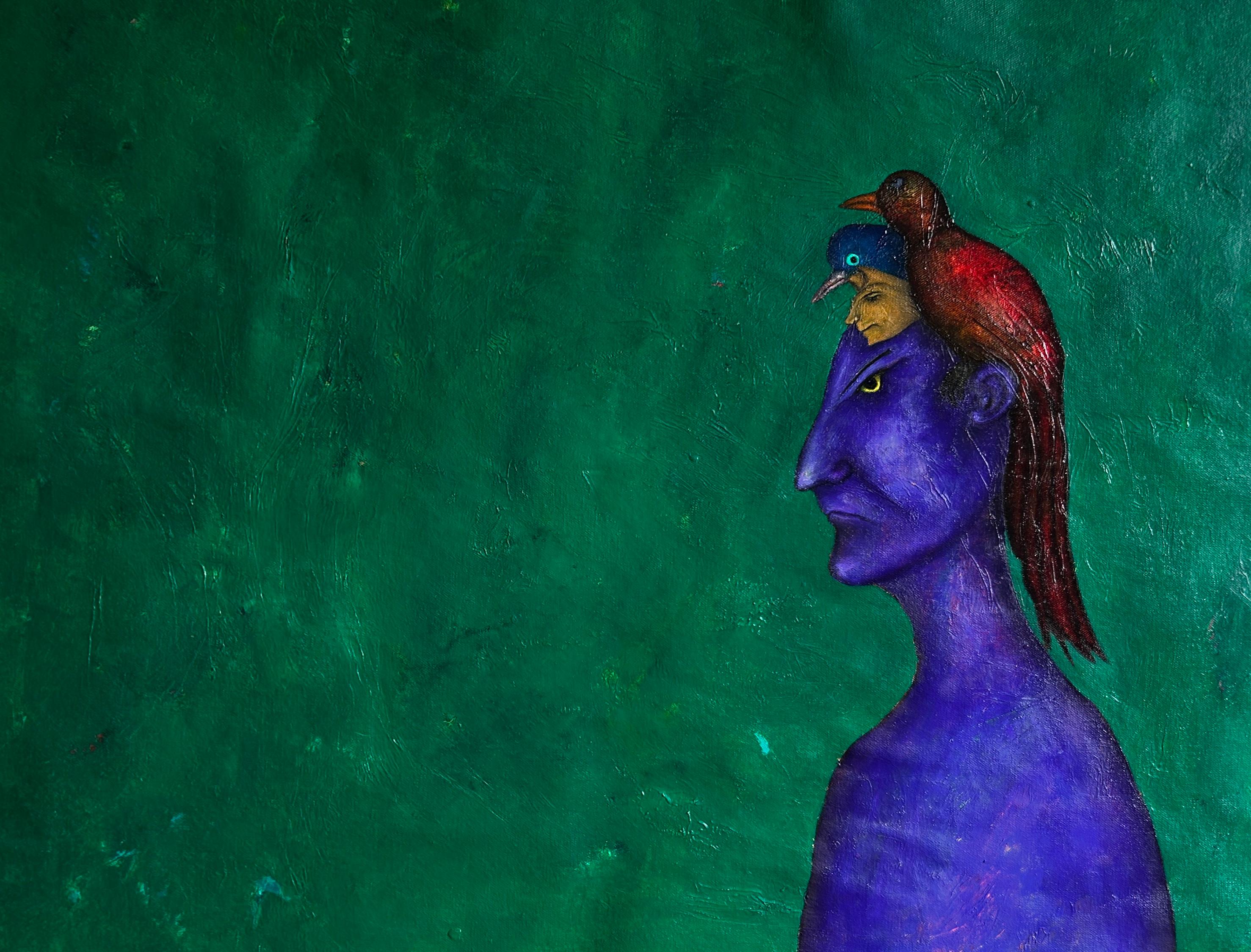 Zeitgenössisches Ölgemälde auf Leinwand Grün und Lila. Der leuchtende Moment #3