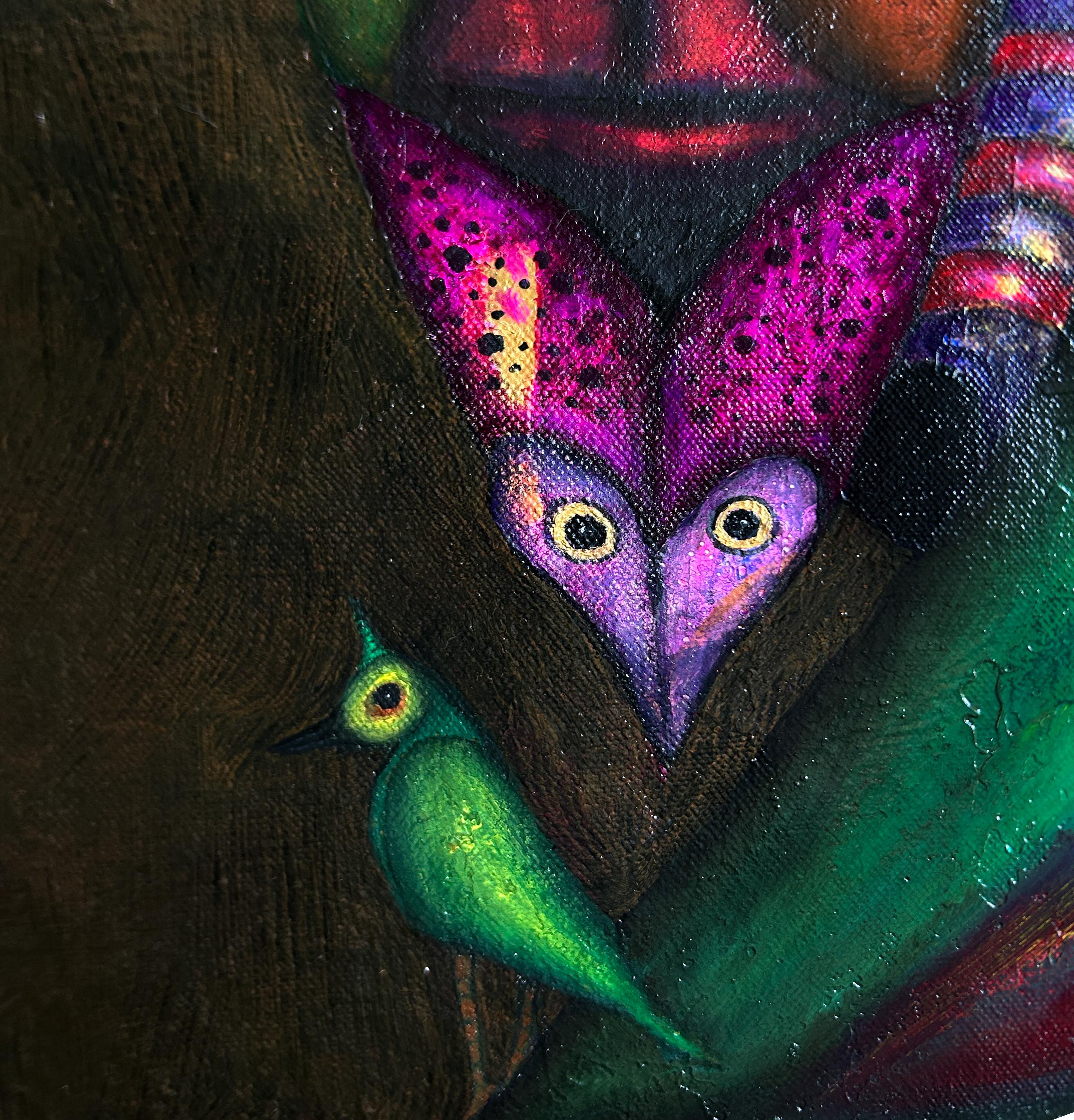 Pintura al óleo contemporánea sobre lienzo con figuras y animales. Turquesa Kairos en venta 6