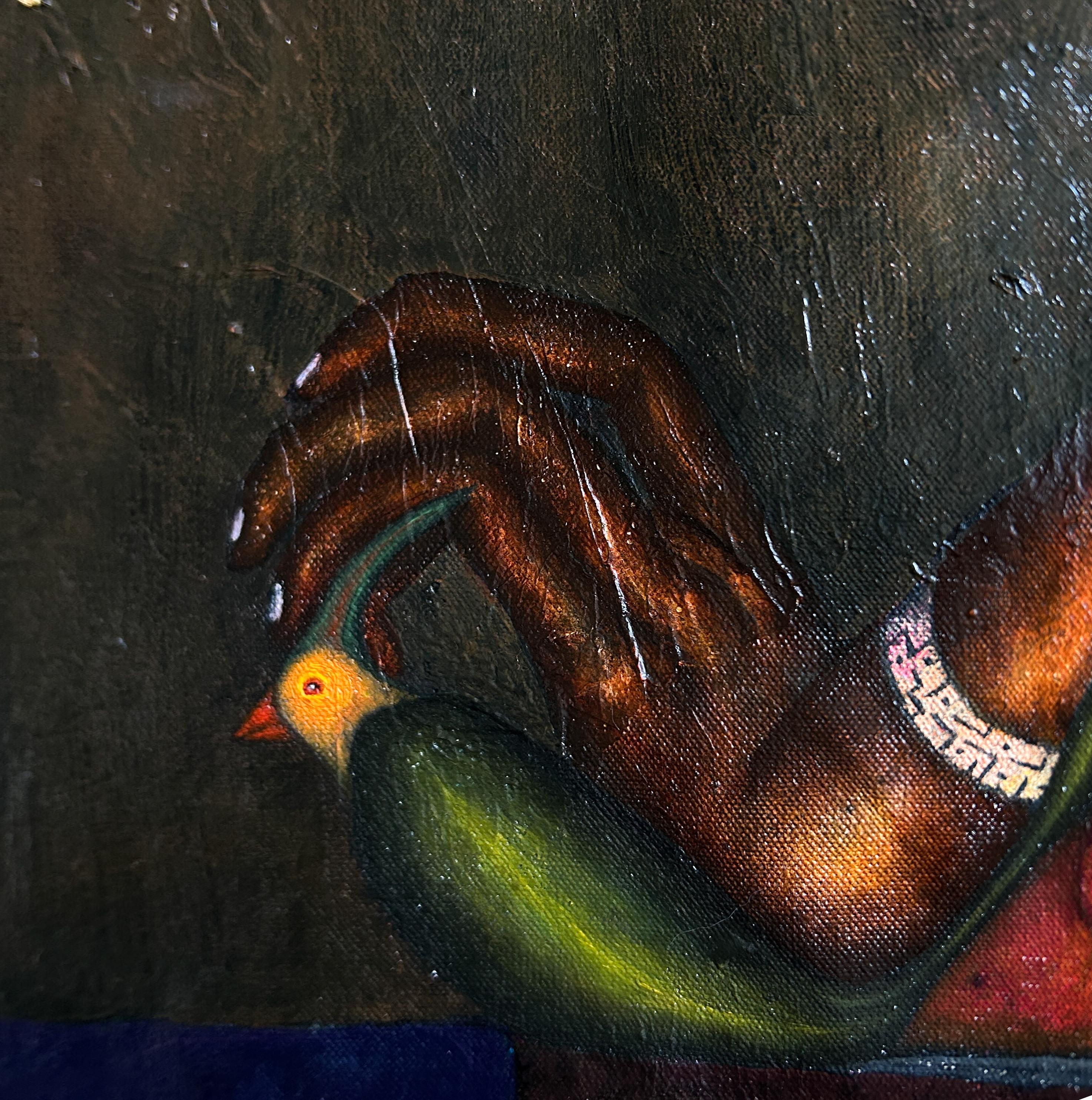 Pintura al óleo contemporánea sobre lienzo con figuras y animales. Turquesa Kairos en venta 7