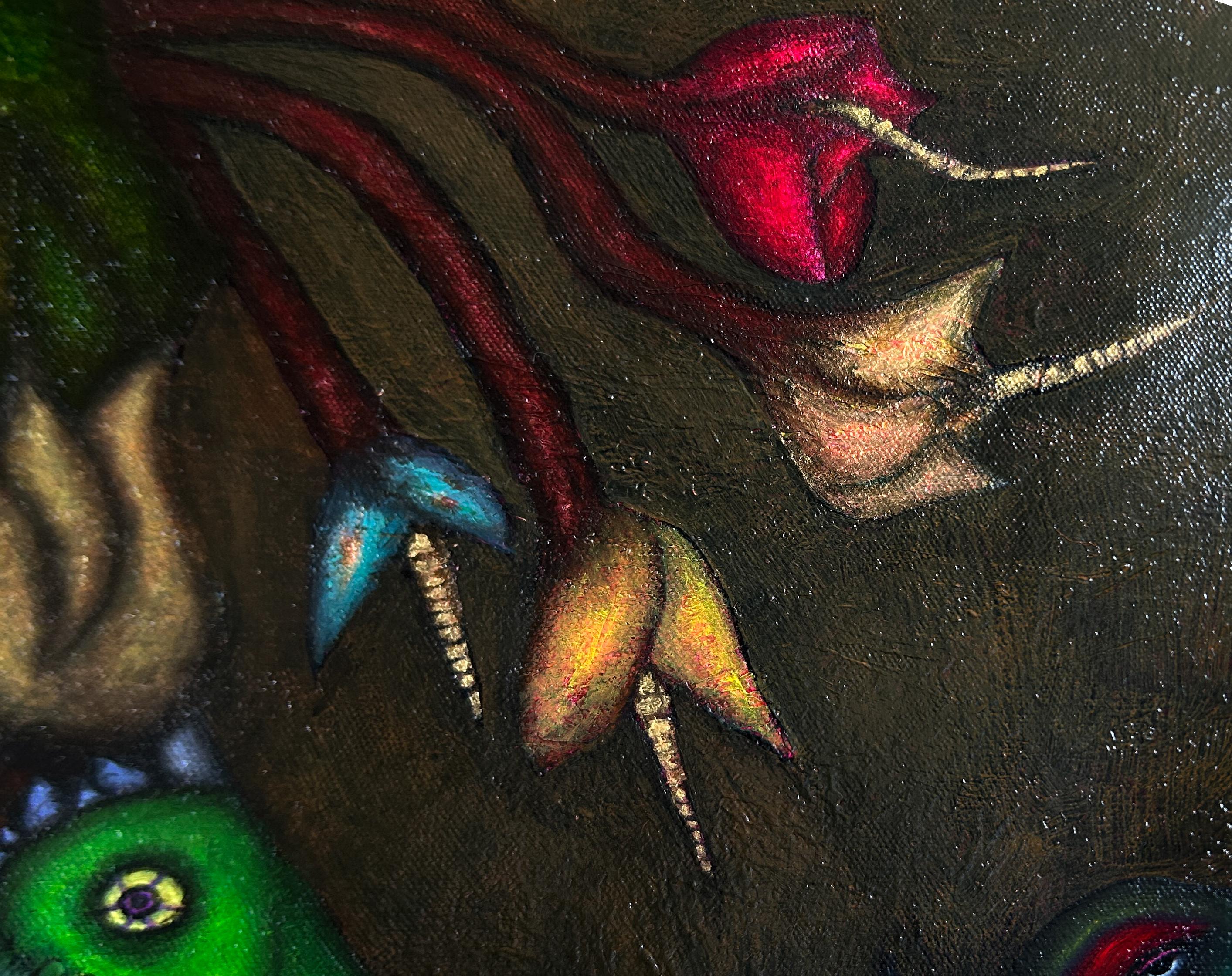 Pintura al óleo contemporánea sobre lienzo con figuras y animales. Turquesa Kairos en venta 11