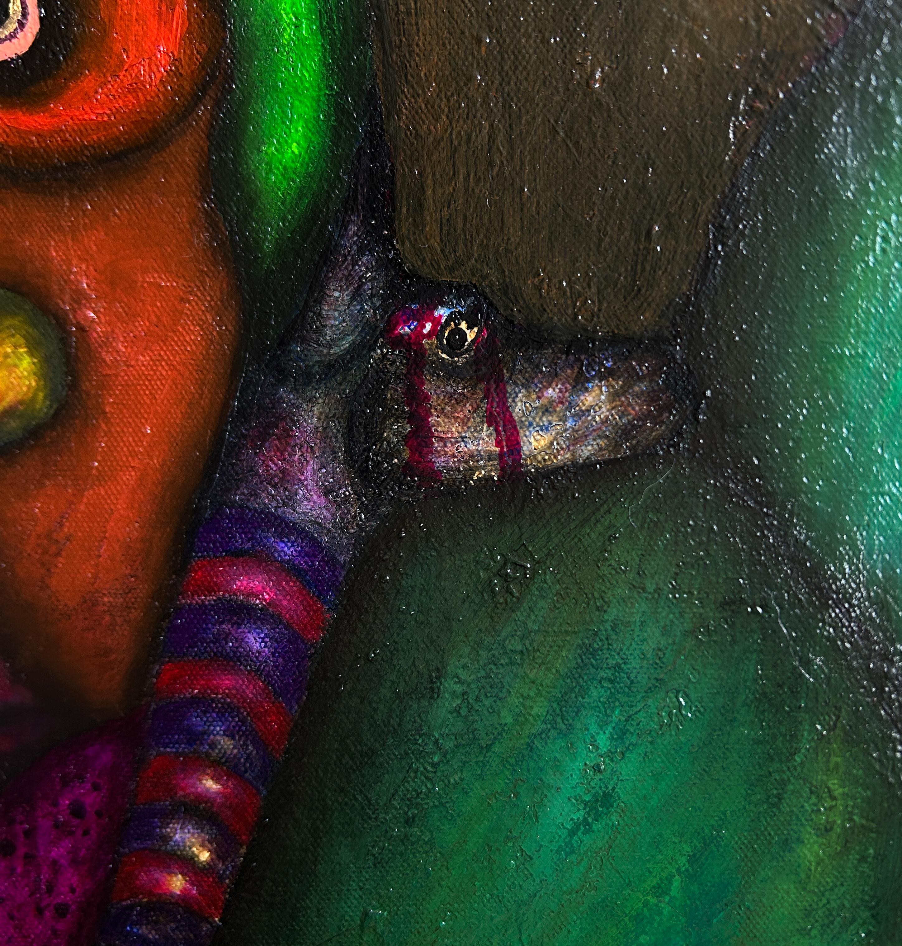 Pintura al óleo contemporánea sobre lienzo con figuras y animales. Turquesa Kairos en venta 12