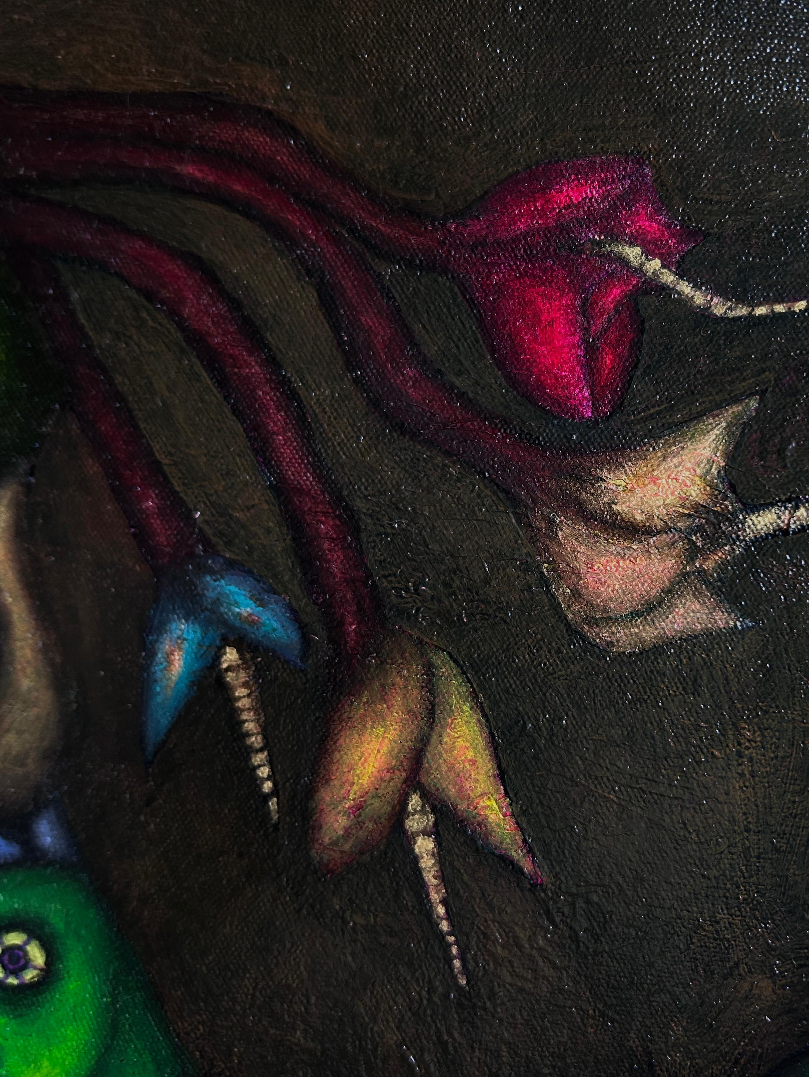 Pintura al óleo contemporánea sobre lienzo con figuras y animales. Turquesa Kairos en venta 14