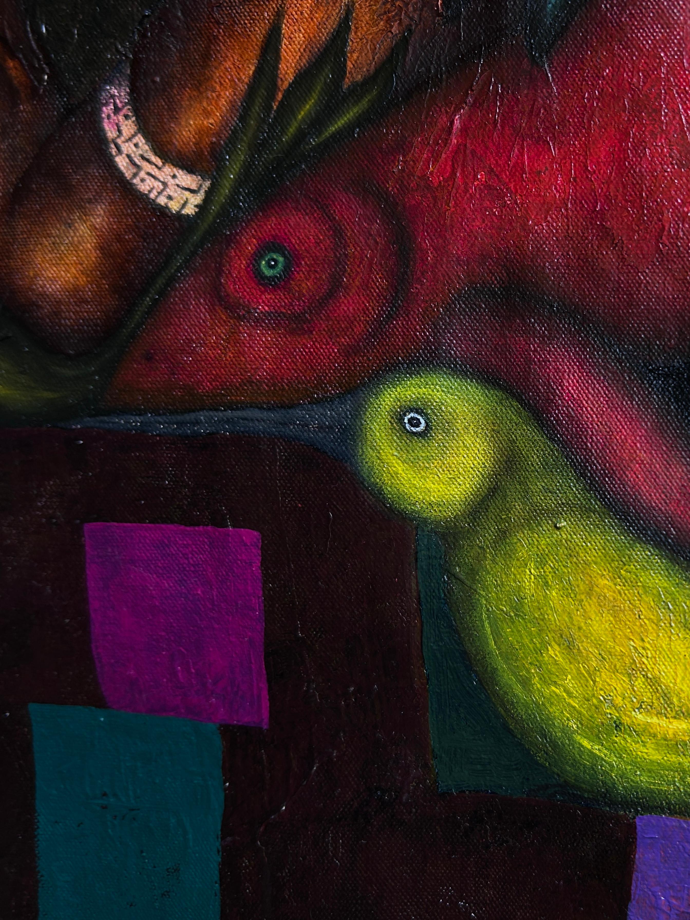 Pintura al óleo contemporánea sobre lienzo con figuras y animales. Turquesa Kairos en venta 15
