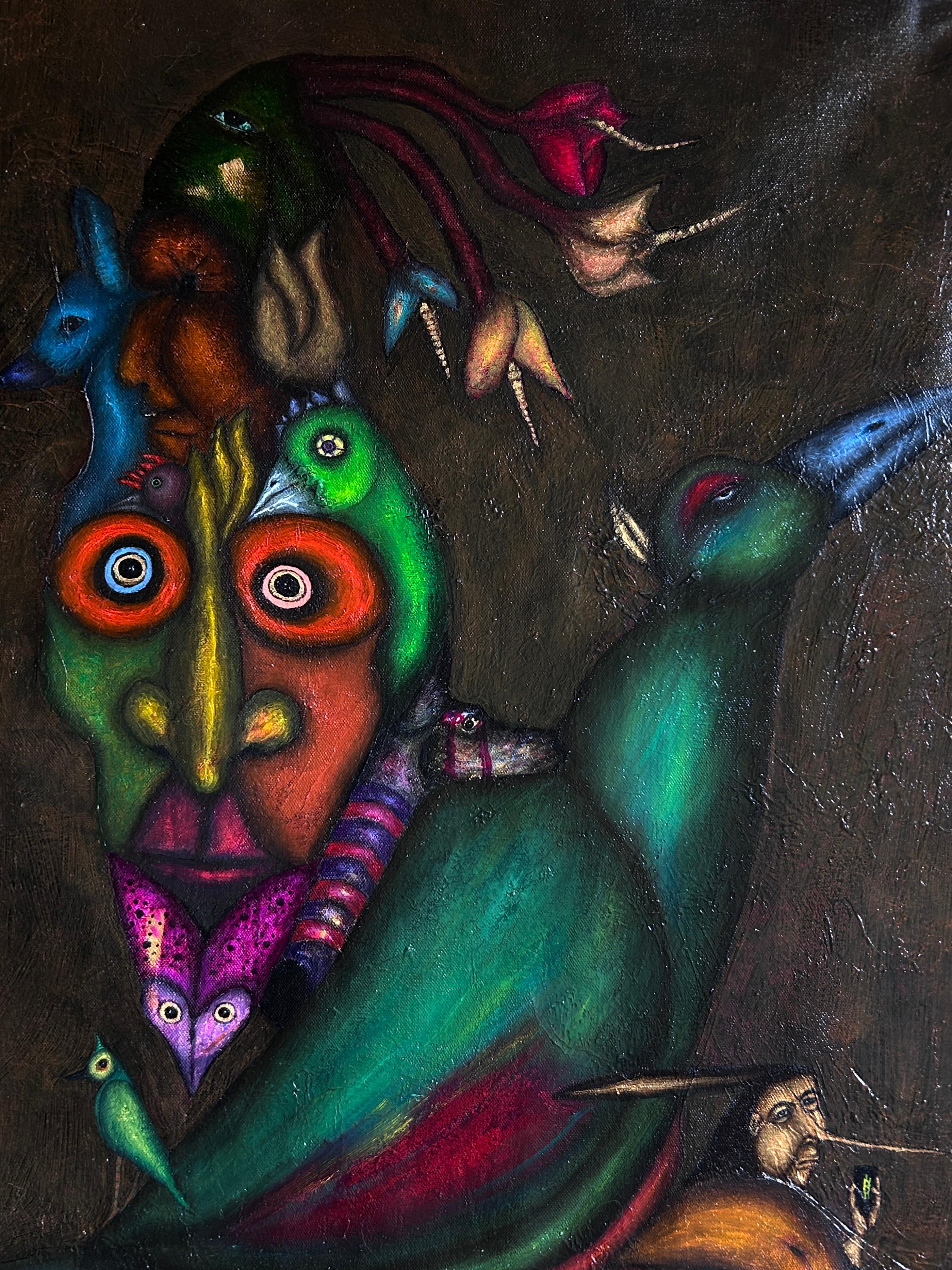 Pintura al óleo contemporánea sobre lienzo con figuras y animales. Turquesa Kairos - Painting Contemporáneo de Luis Alexander Rodríguez (Ie-Xiua)