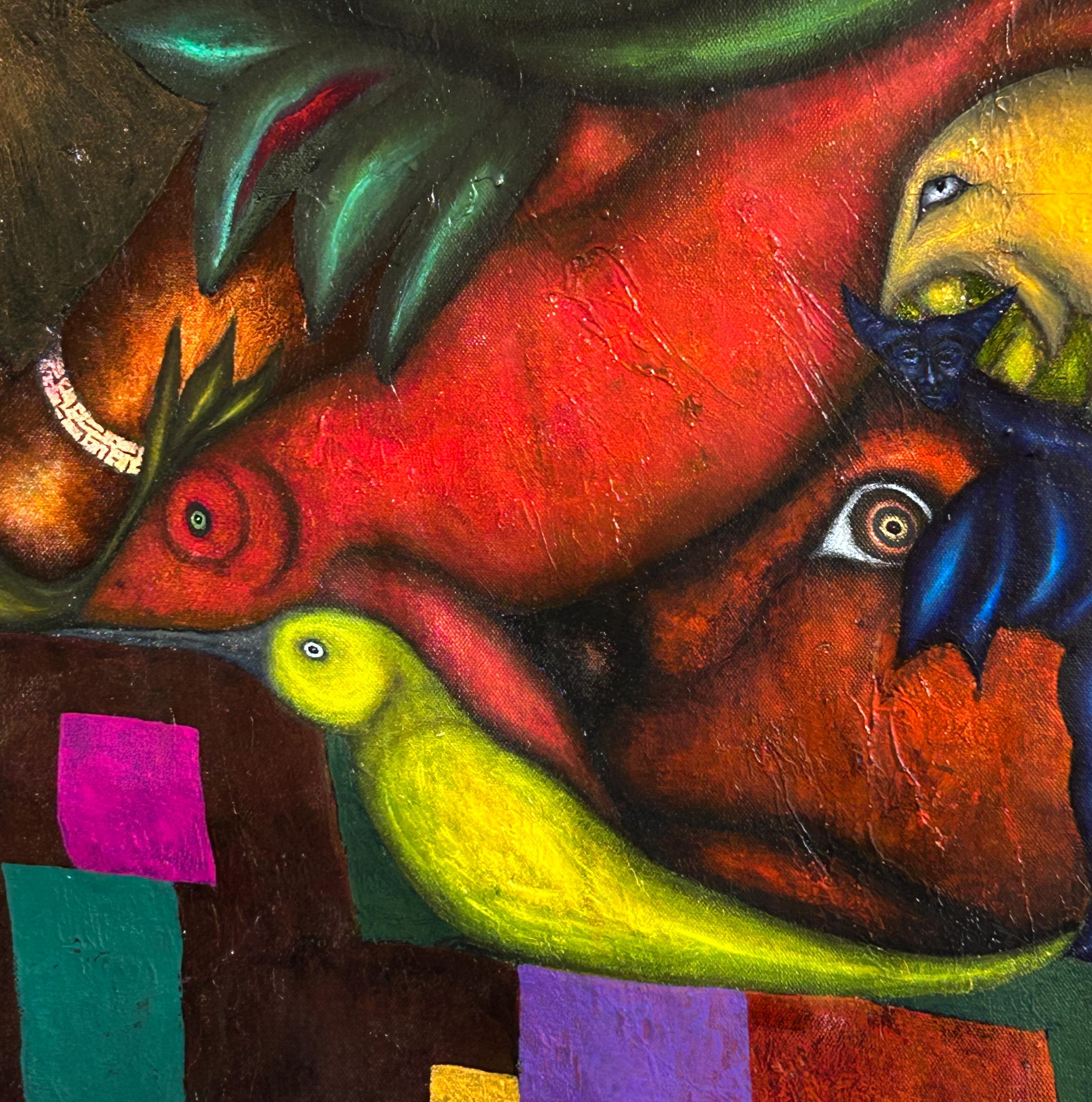 Pintura al óleo contemporánea sobre lienzo con figuras y animales. Turquesa Kairos en venta 3