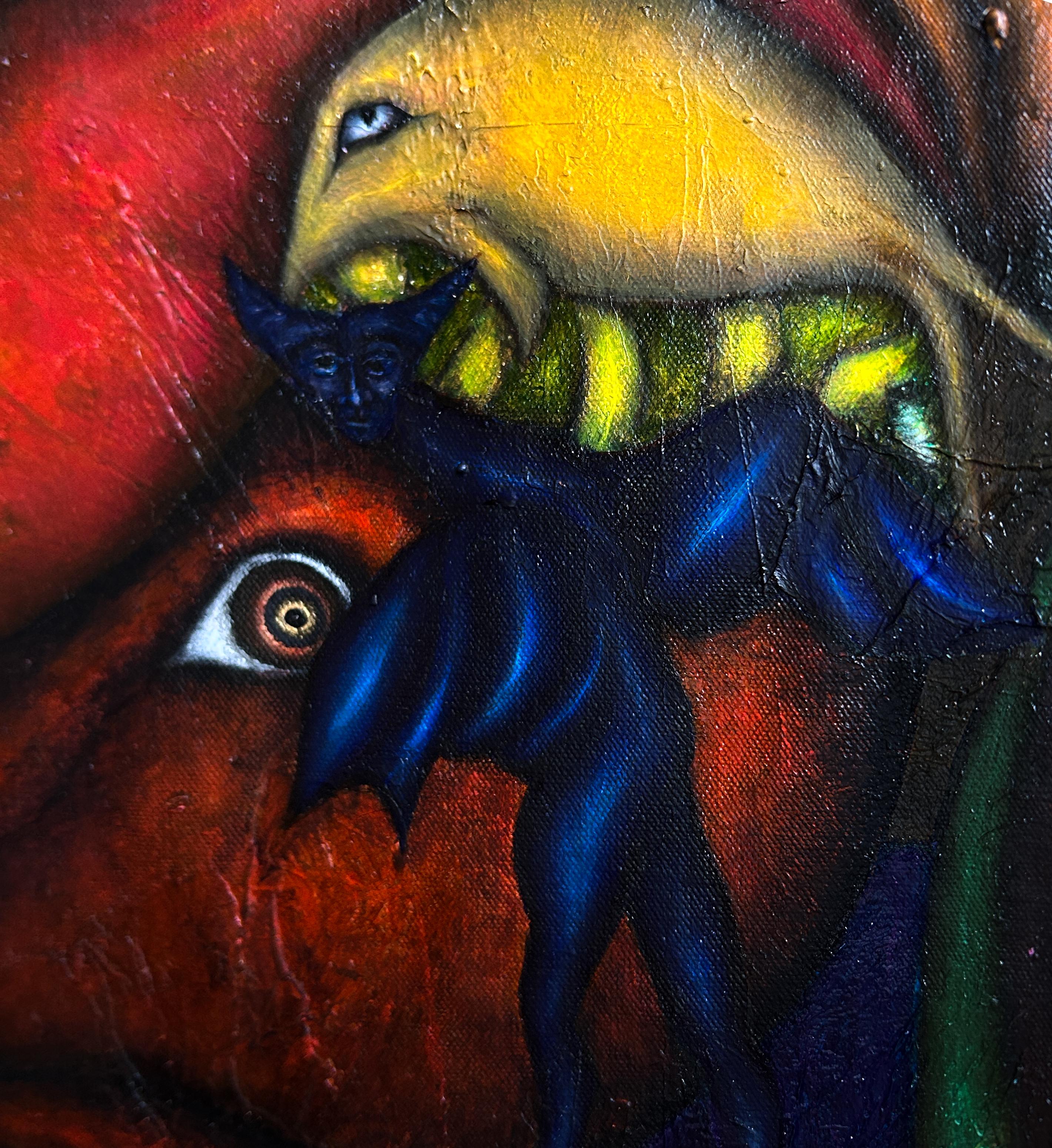 Contemporary Ölgemälde mit Figuren und Tieren 