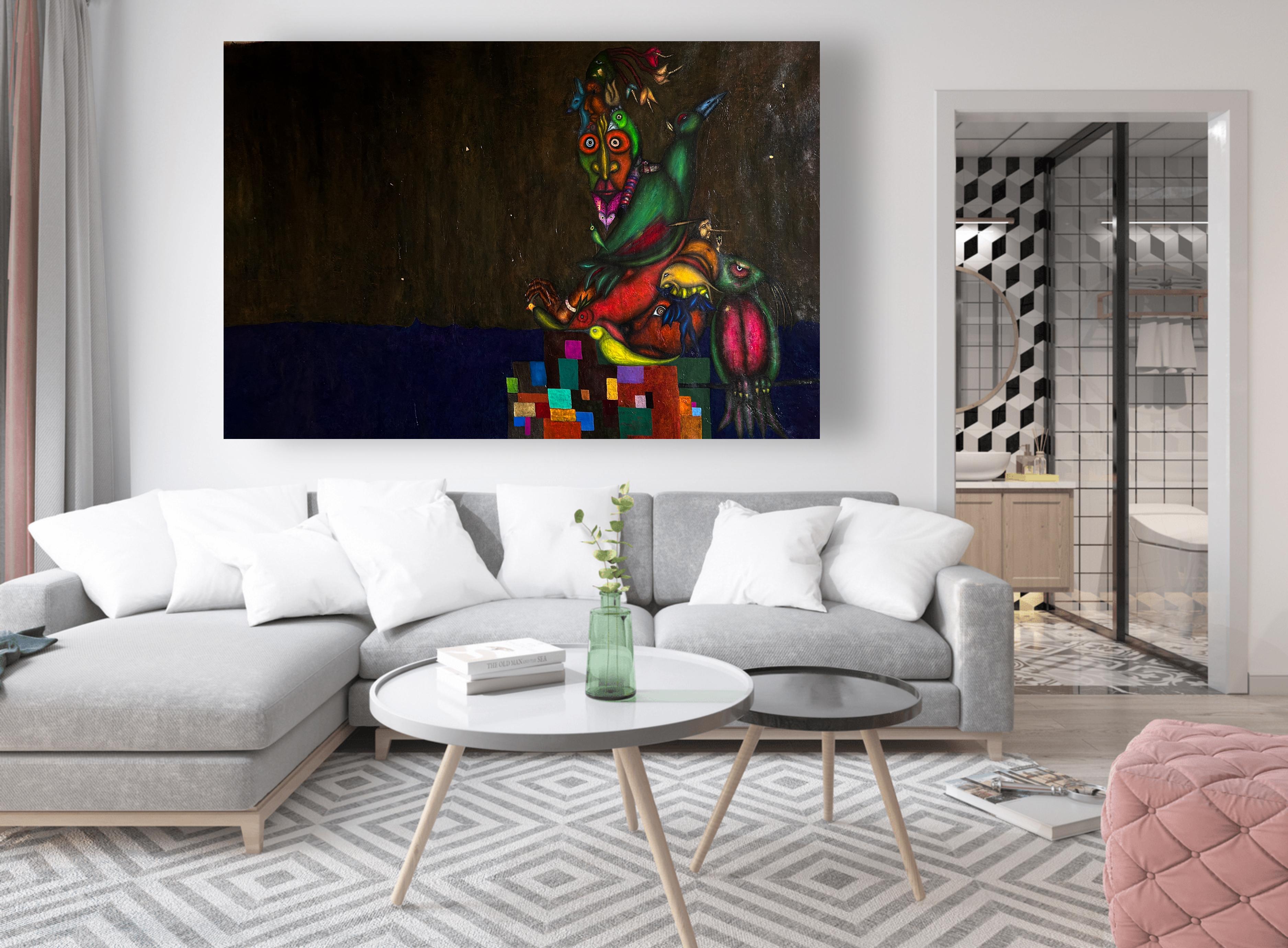 Contemporary Ölgemälde mit Figuren und Tieren 