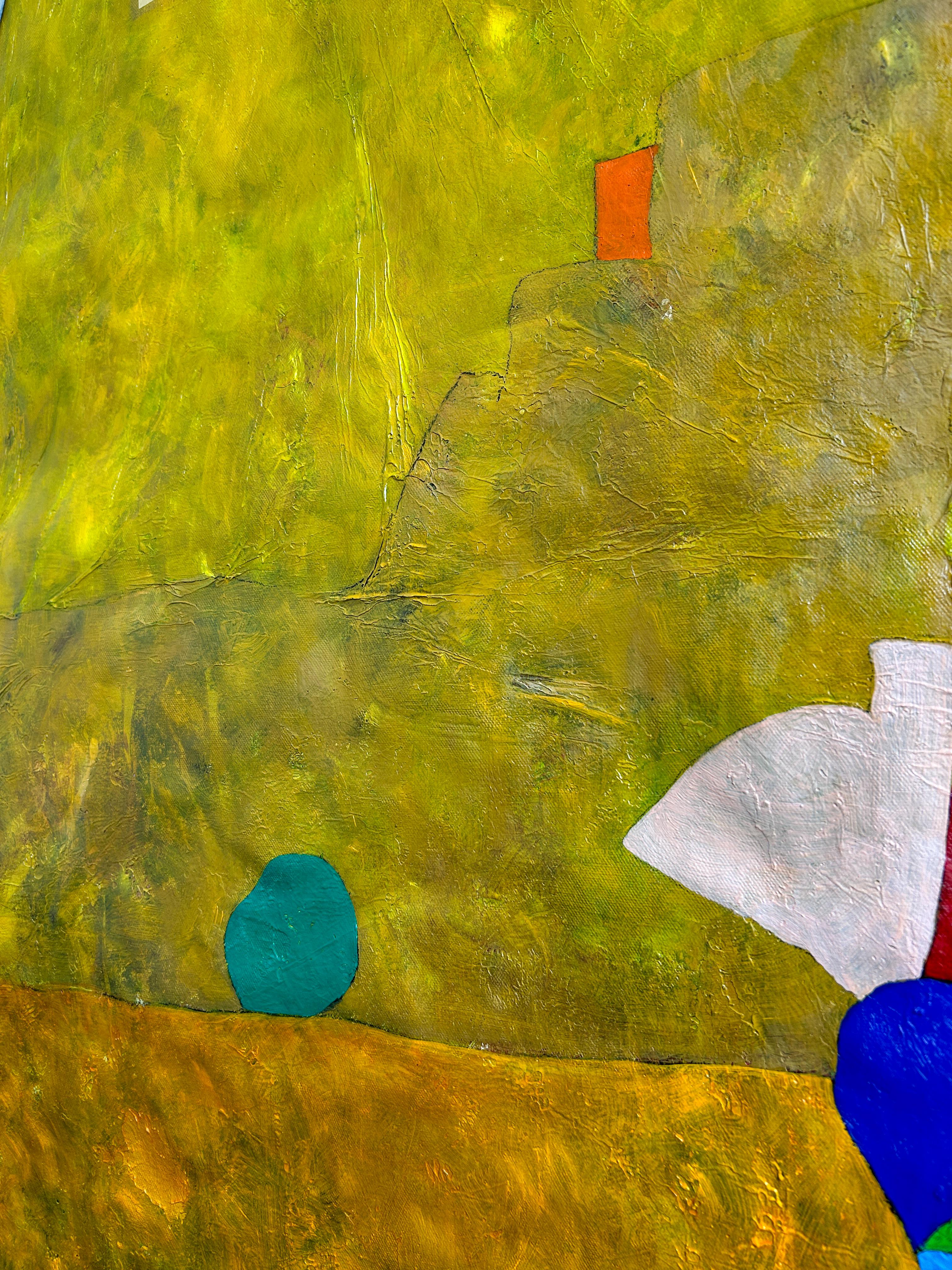 Dipinto a olio su tela, astratto, nei toni del giallo con blocchi di verde, blu, arancione e viola, con figure di animali: un pesce e degli uccelli. Questo pezzo fa parte di una serie di studi sui blocchi di colore, in cui i contrasti e le