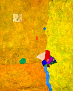 Pittura astratta sui toni del giallo con figurazioni e oro su tela. "Distanze"