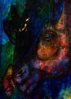 distant blue - Abstract painting with figures. Mixed technique