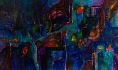 Abstraktes fernes Blau – Abstraktes Gemälde mit Figuren. Gemischte Technik