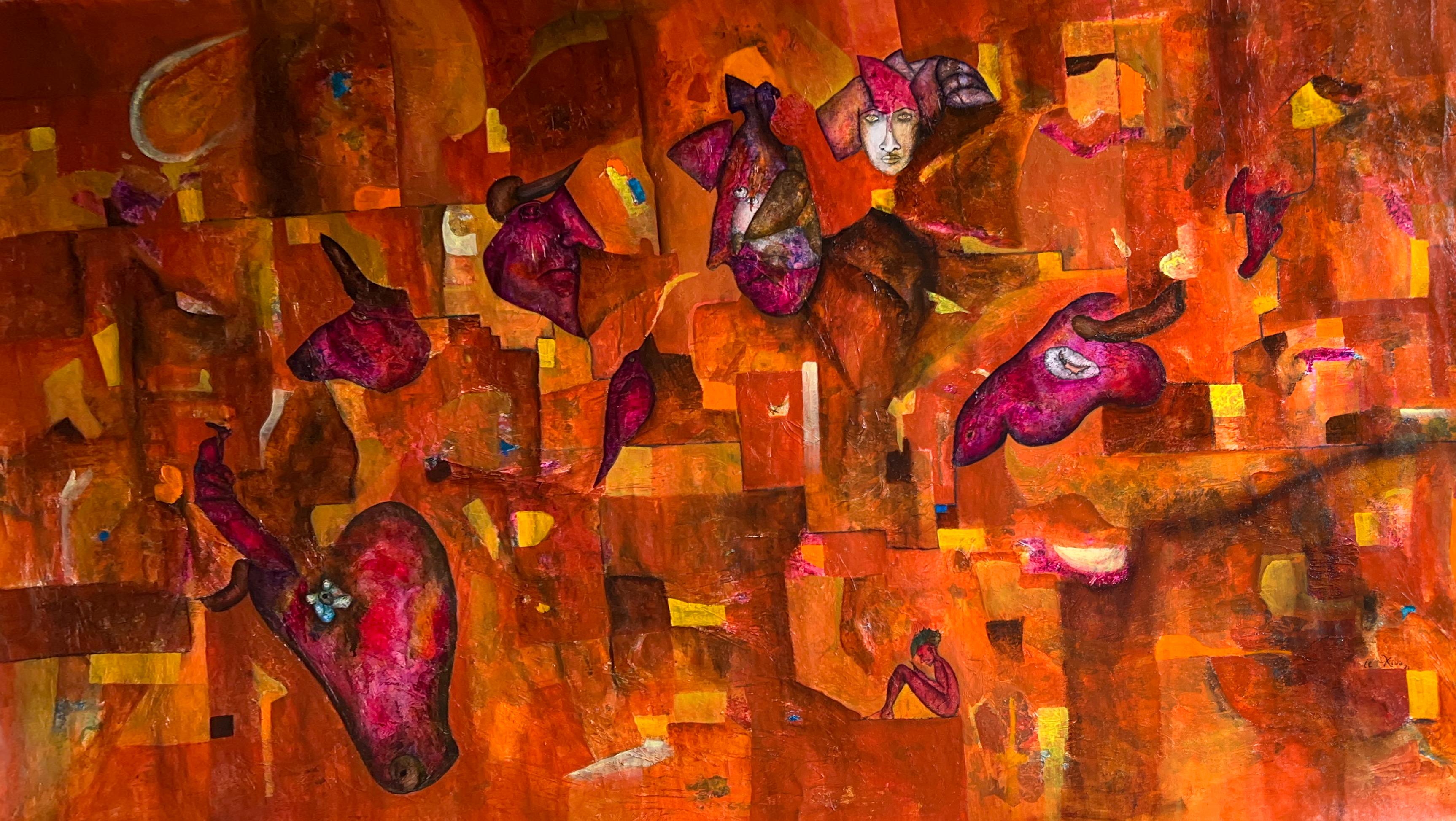 Luis Alexander Rodríguez (Ie-Xiua) Abstract Painting - "Encounters" Figures and Animals in Abstract Space: Art by L-Xiua