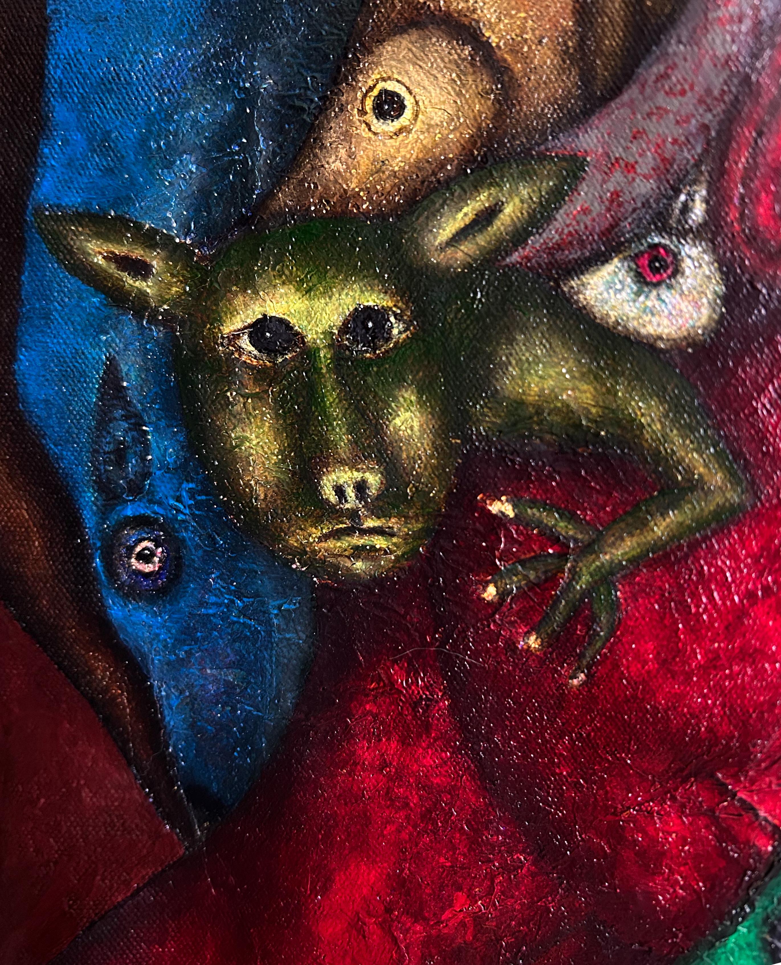 Figurative and abstract oil painting on canvas mixed technique. 