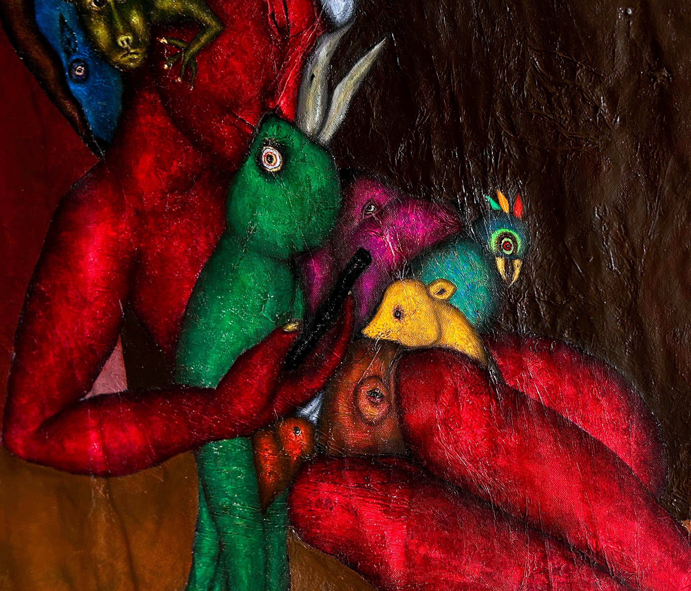 Figurative and abstract oil painting on canvas mixed technique. 