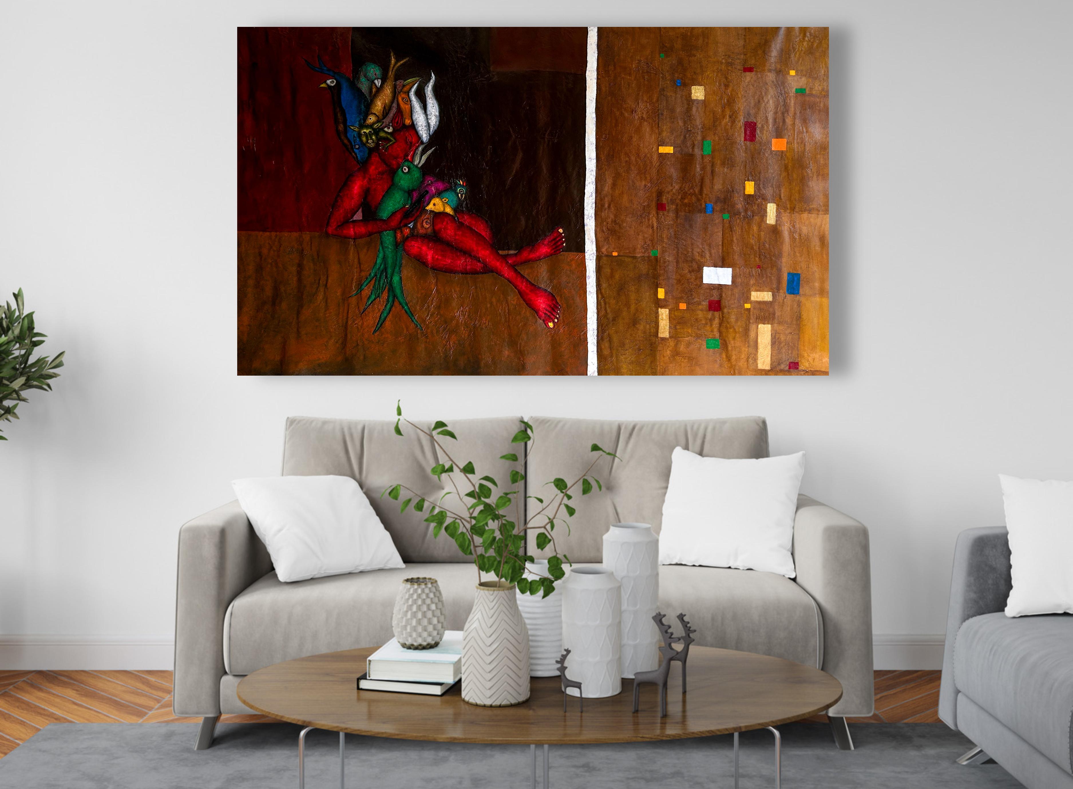 Figurative and abstract oil painting on canvas mixed technique. 