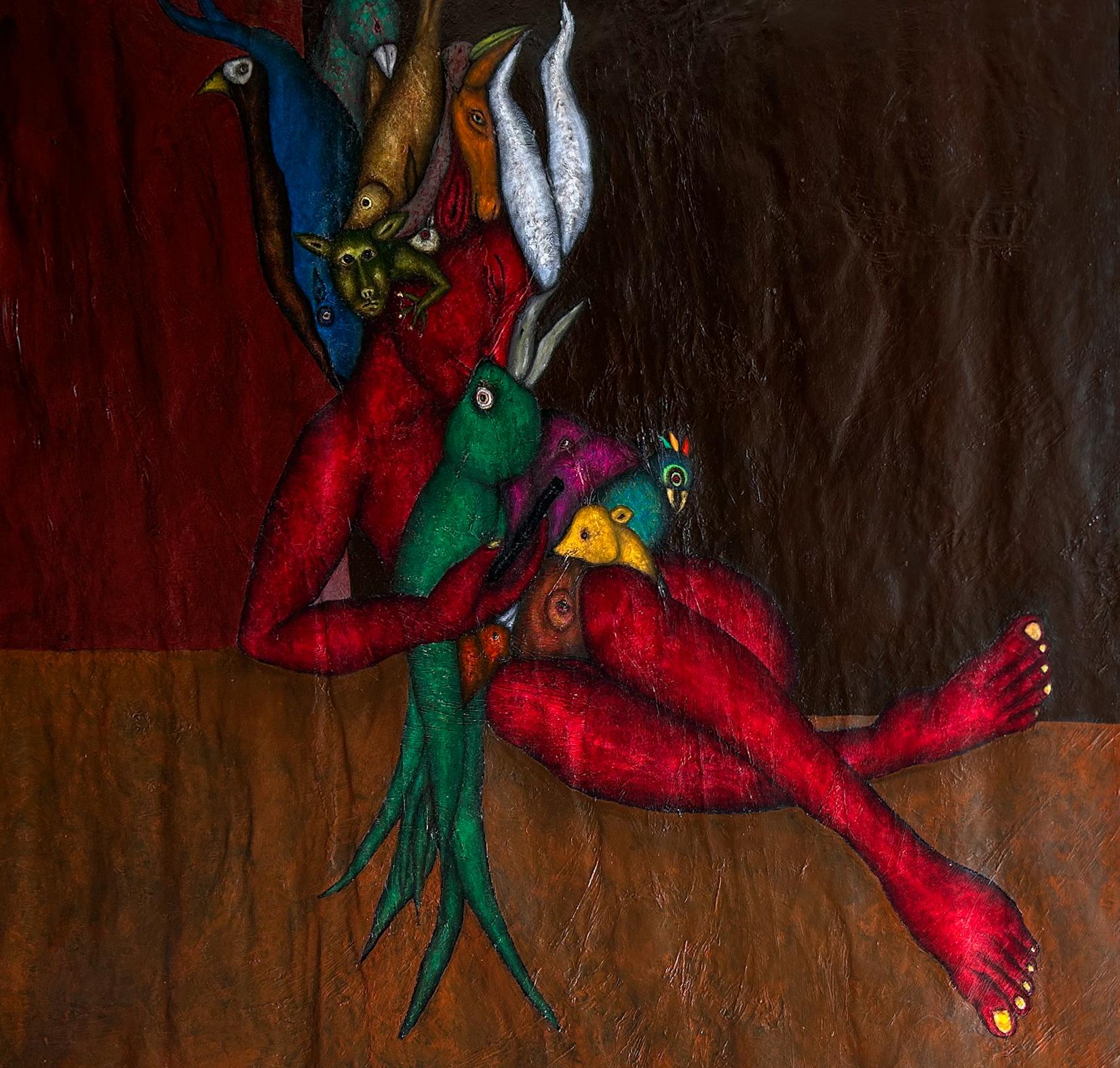Figurative and abstract oil painting on canvas mixed technique. 