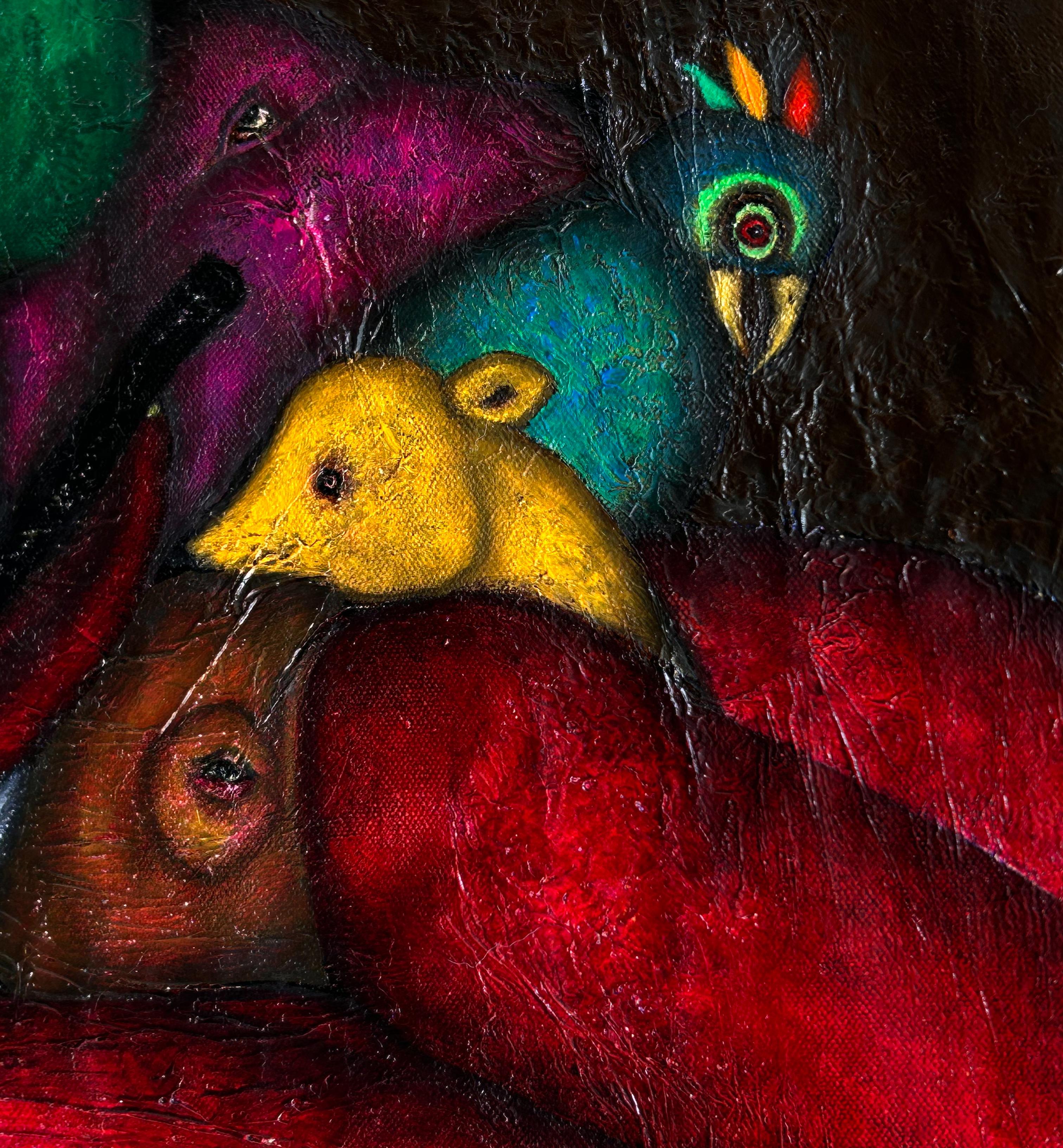 Oil painting on canvas with abstract and figurative elements. A human figure is intertwined with various fantastical and colorful creatures, including birds and other animal forms, creating a composition.
The integration of animal elements with the