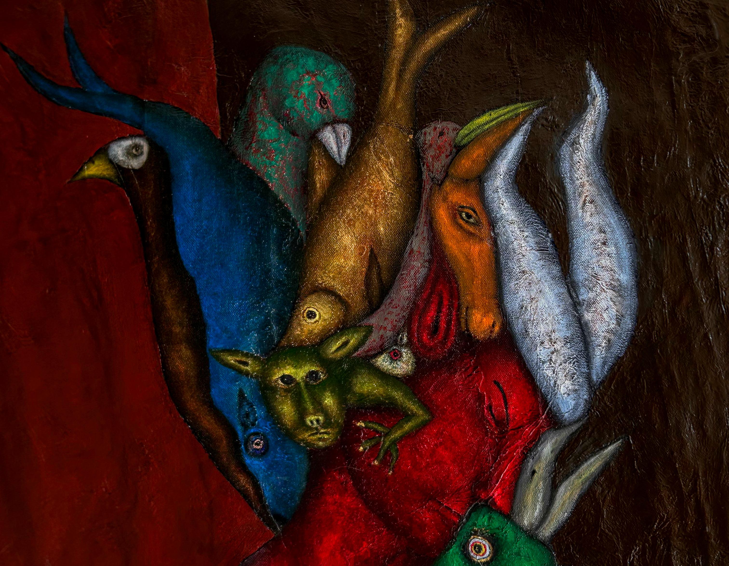 Figurative and abstract oil painting on canvas mixed technique. 