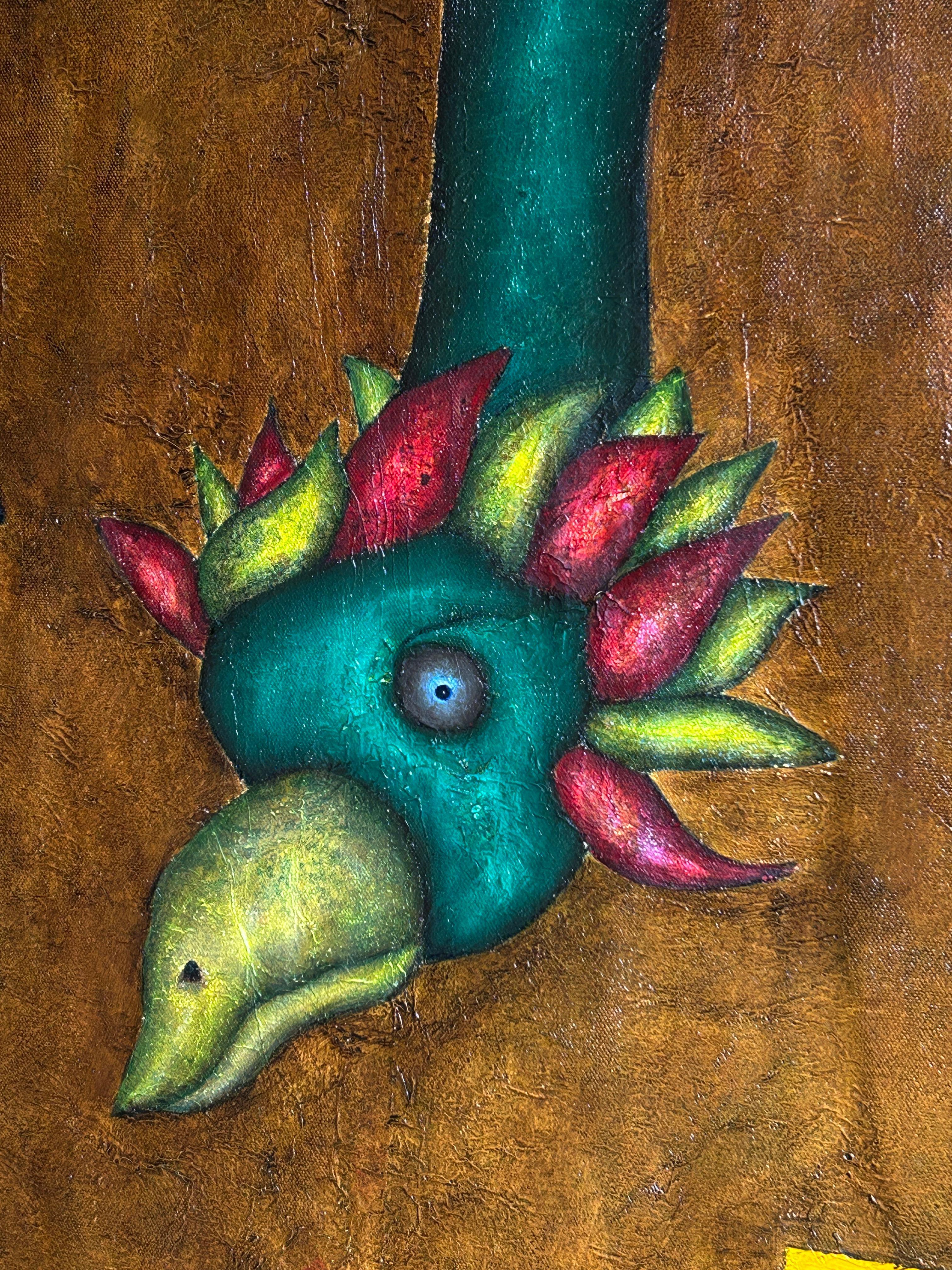 This horizontal painting on canvas contains several layers of color, with textures and transparencies, representing a dreamlike scene where fantastic animals and humans in yellow and earth tones appear on an ocher background, evoking a radiant