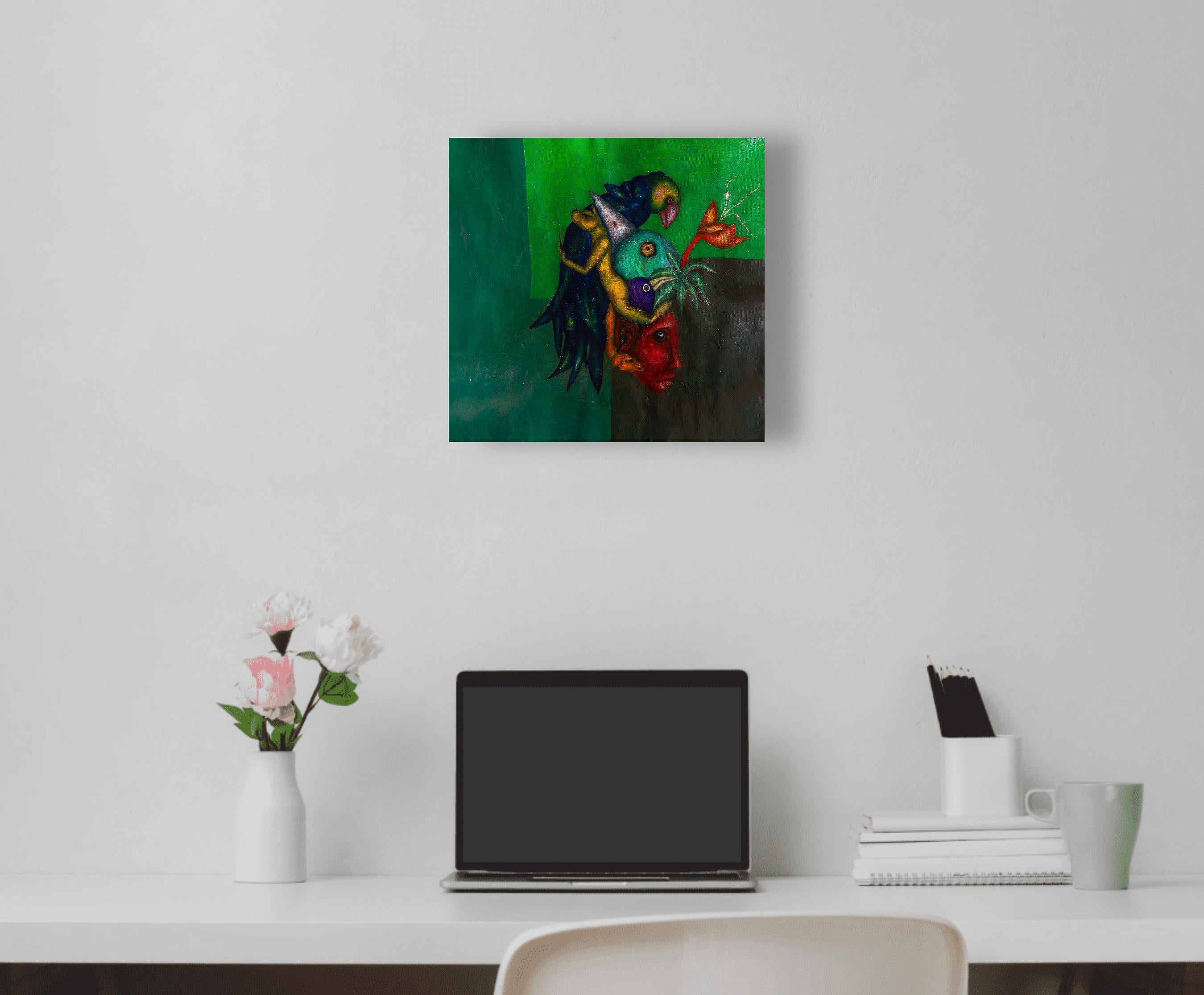 Oil on canvas. Everything is connected, the visible and the invisible. The composition presents a fusion of animals and human faces, creating a central figure, in a contrast of colours and textures. Green tones in the background. 
Made with