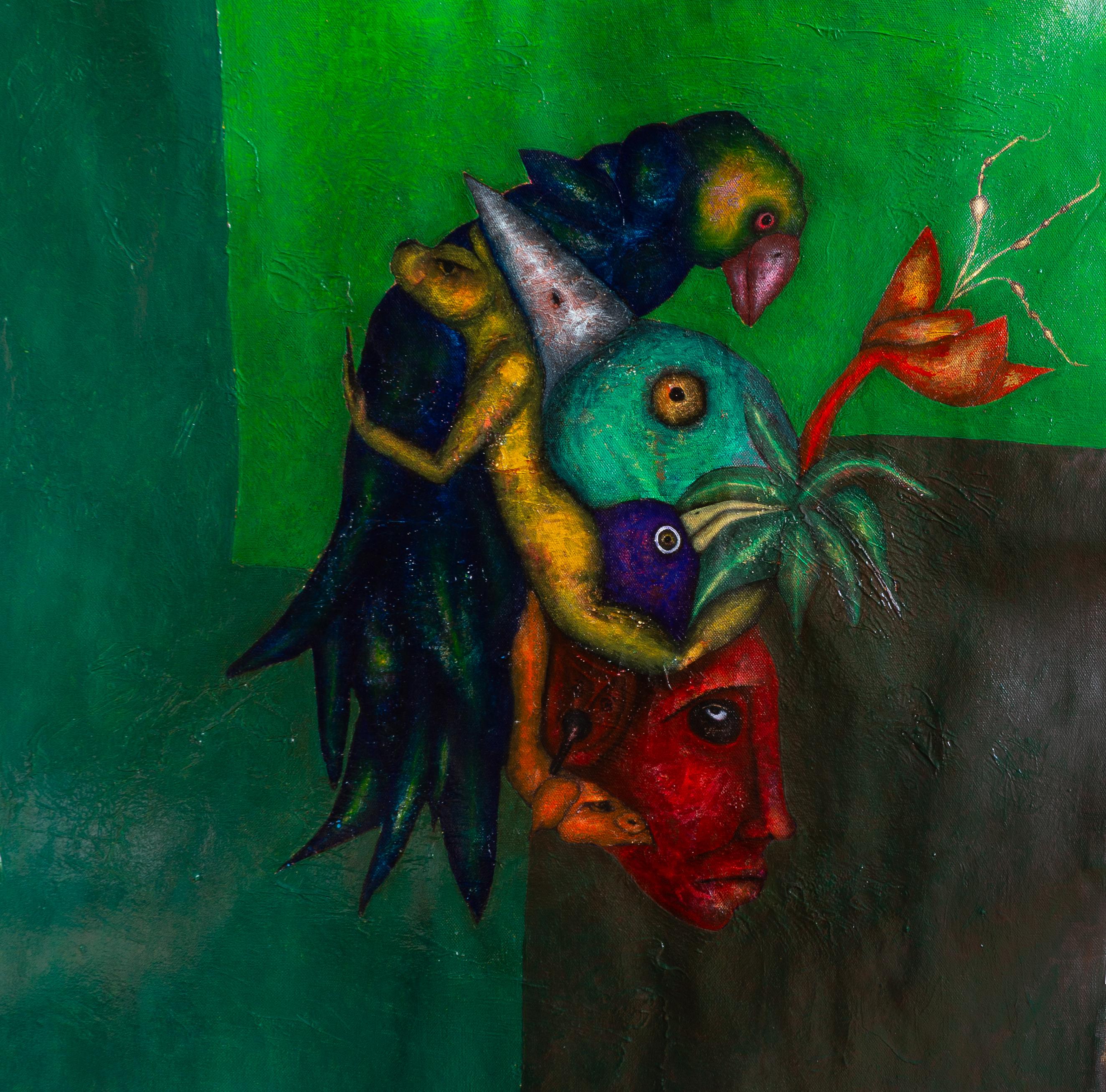 Luis Alexander Rodríguez (Ie-Xiua) Figurative Painting - Figurative Oil Painting on Canvas. "Animals of the Green and Vibrant Air"