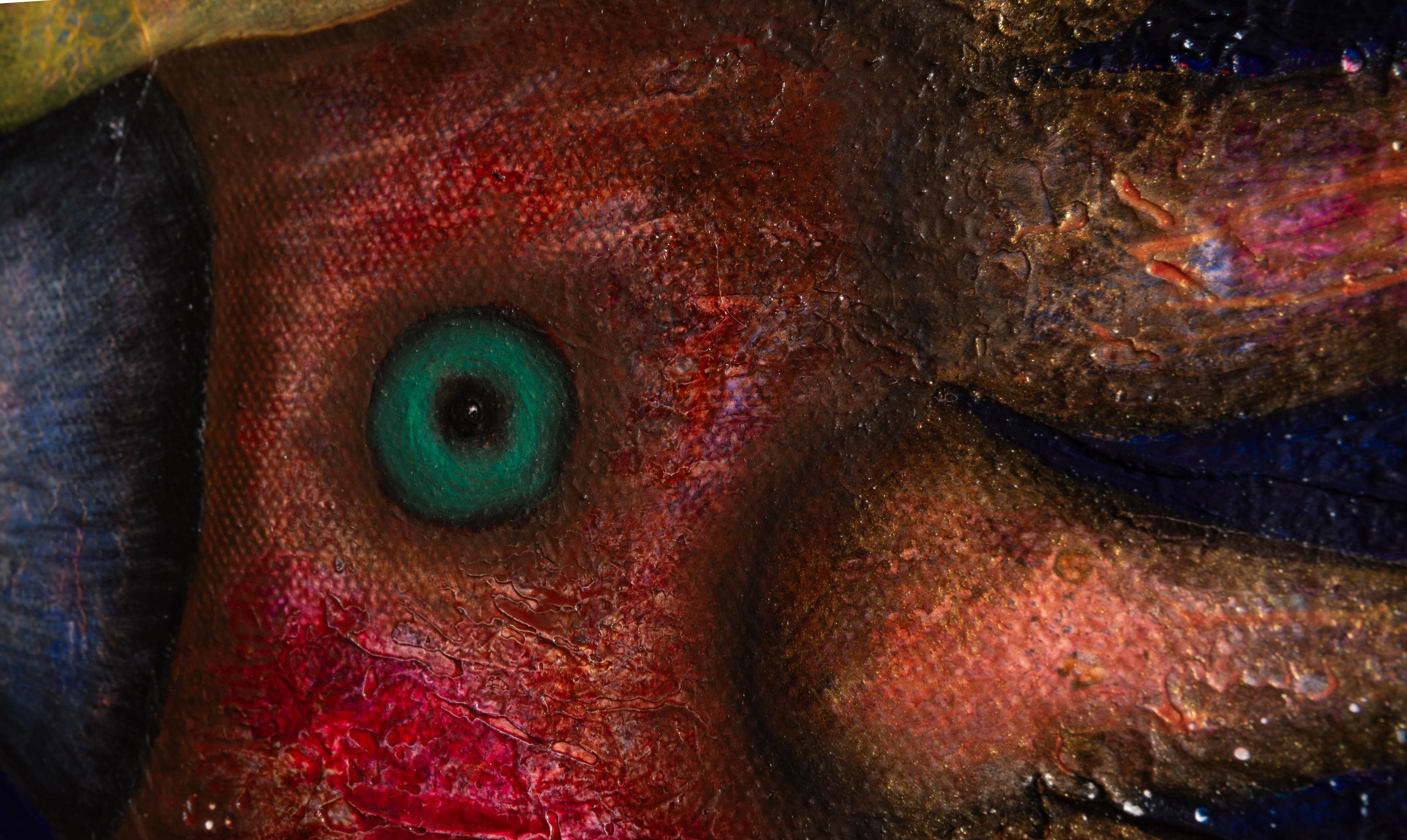 Pittura ad olio figurativa su tela blu Mixed Media And Textures. Trasfigurazione in vendita 7