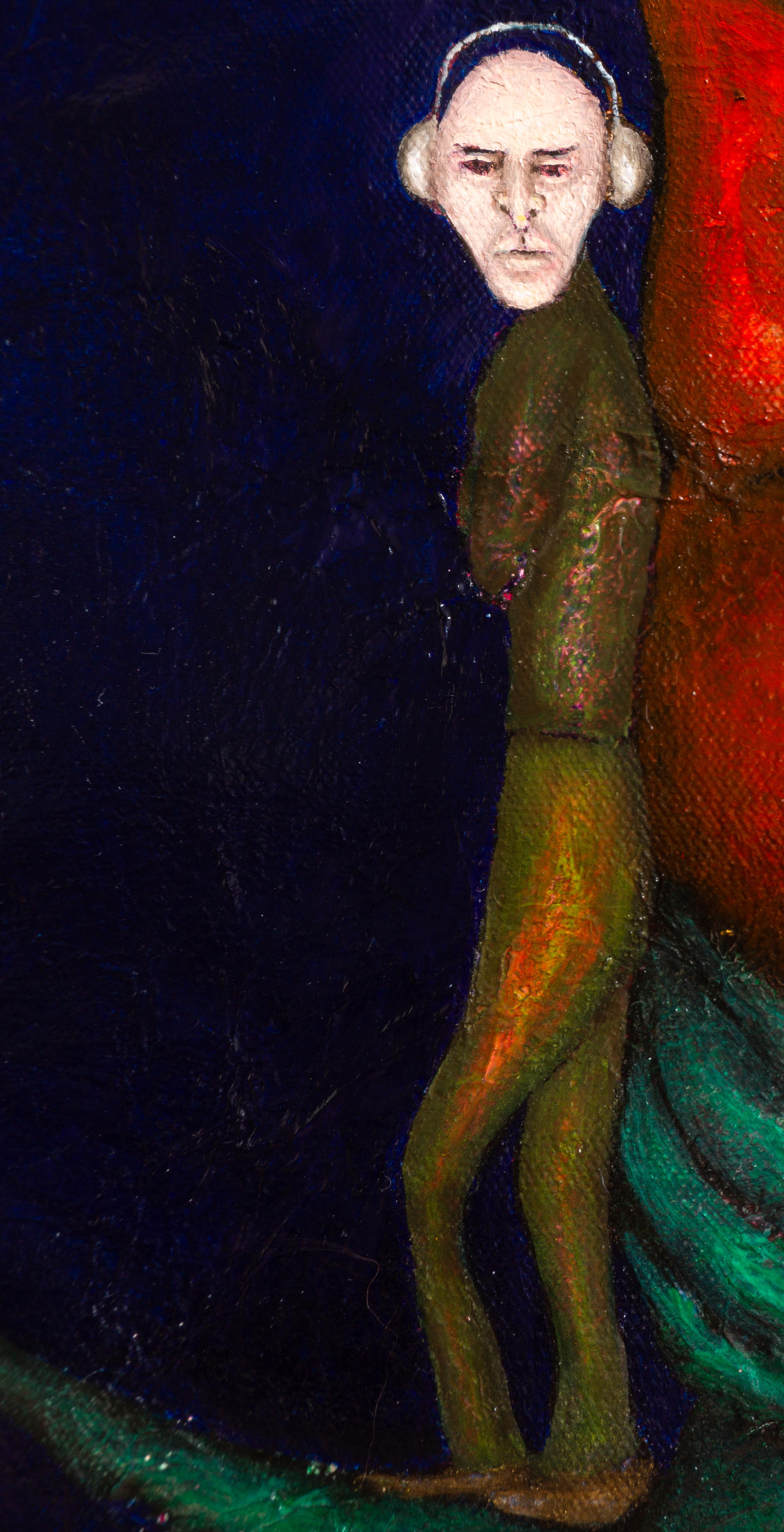 Pittura ad olio figurativa su tela blu Mixed Media And Textures. Trasfigurazione in vendita 9