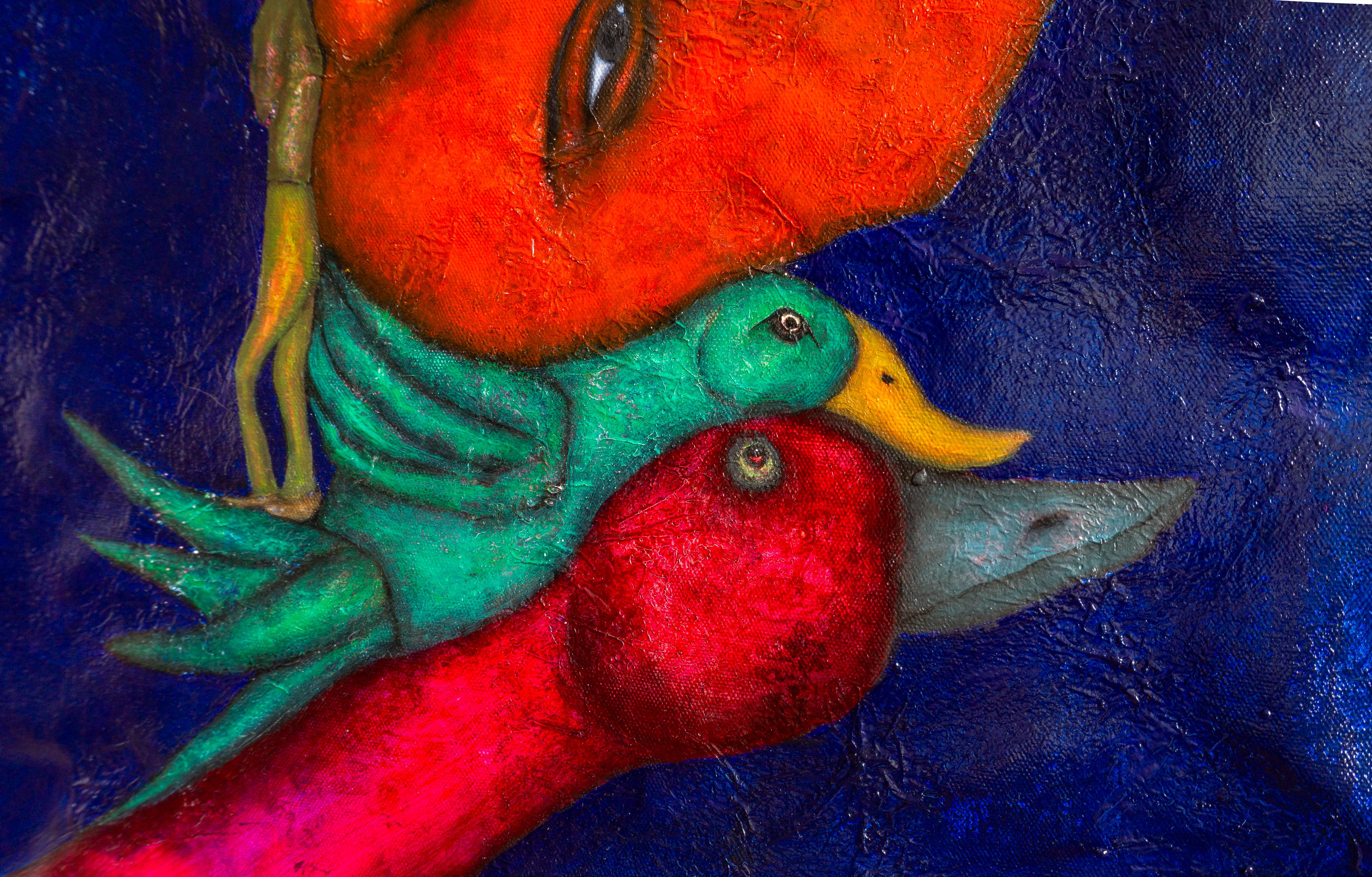 Pittura ad olio figurativa su tela blu Mixed Media And Textures. Trasfigurazione in vendita 11