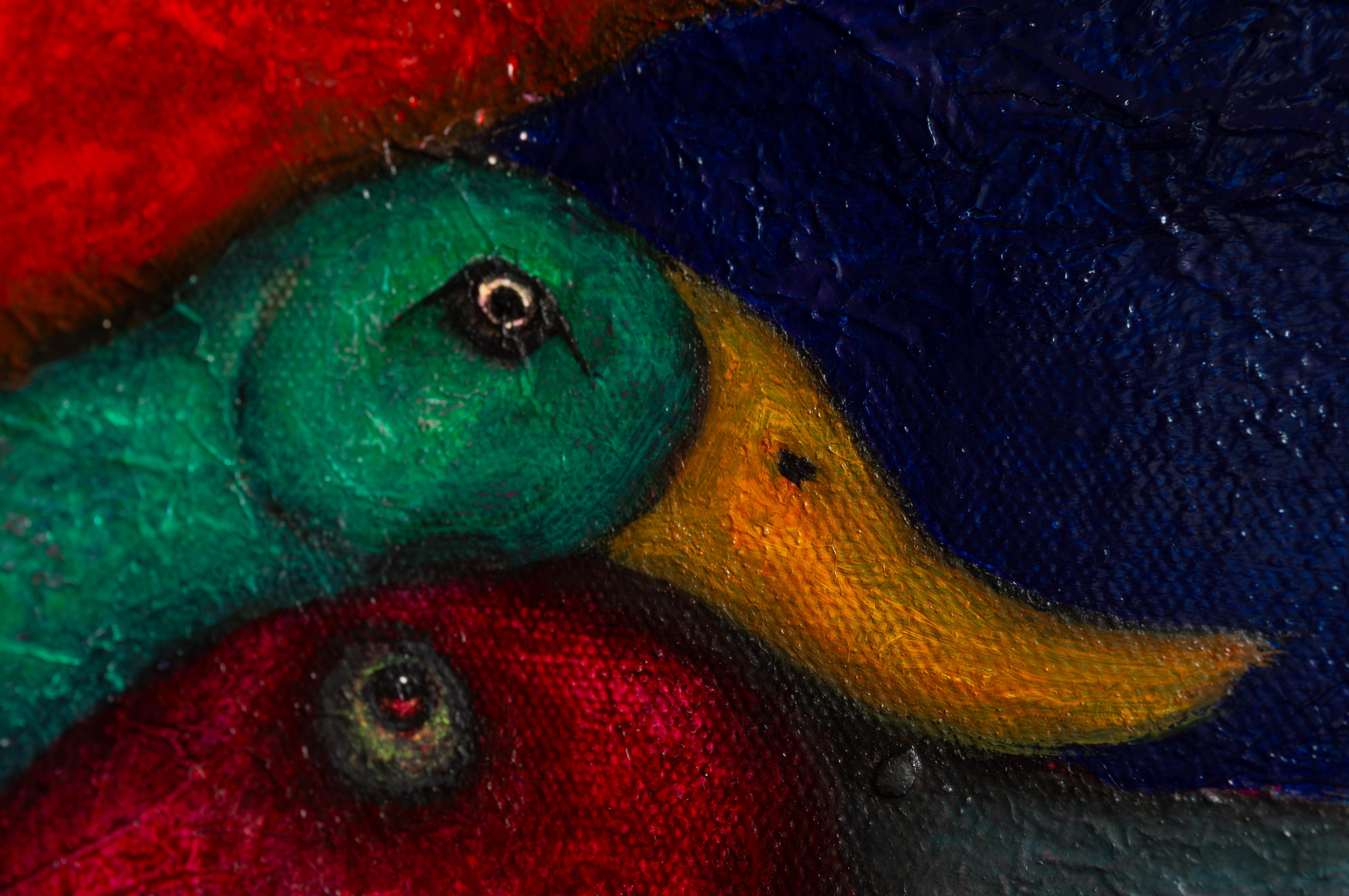 Pittura ad olio figurativa su tela blu Mixed Media And Textures. Trasfigurazione in vendita 13