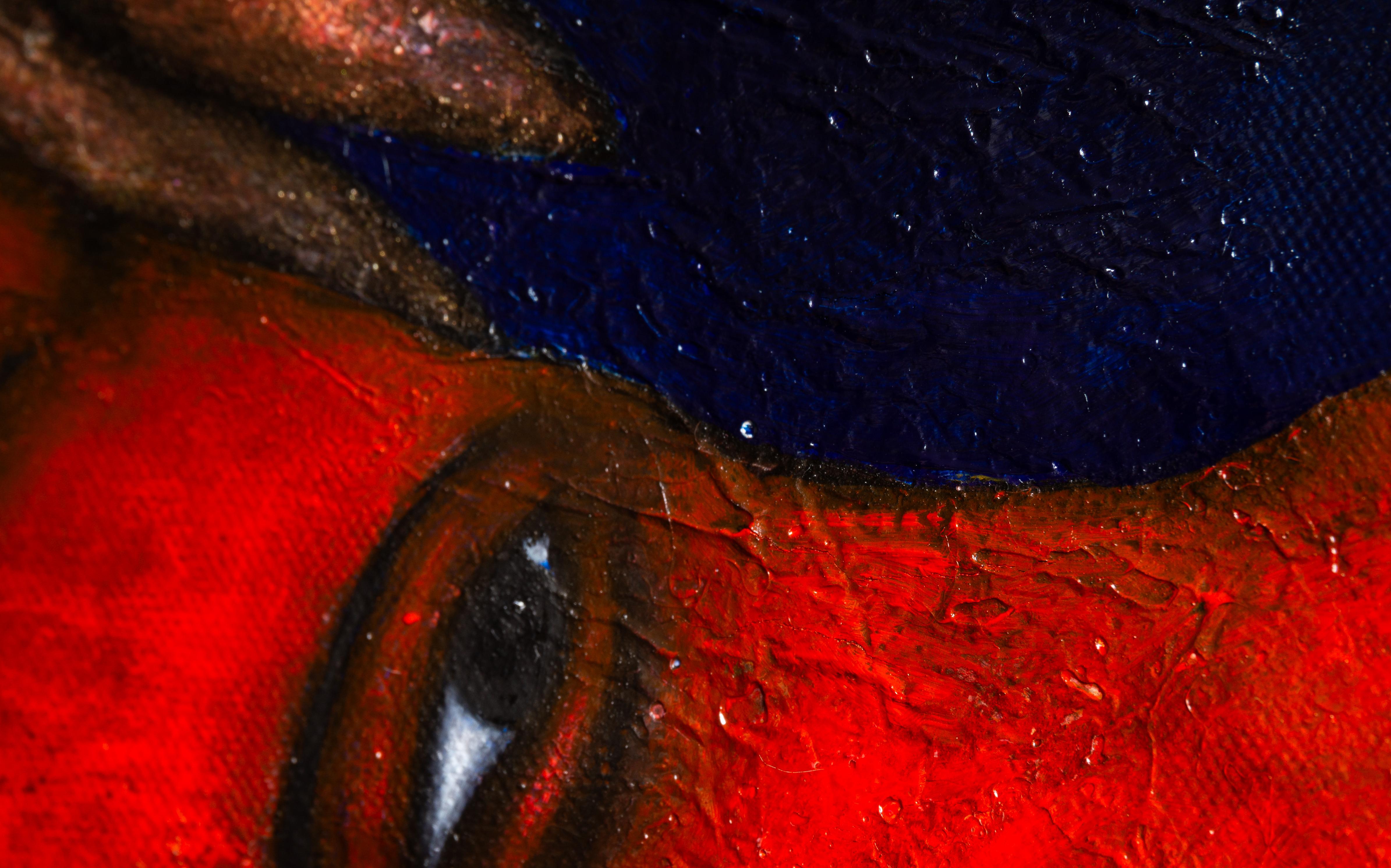 Pittura ad olio figurativa su tela blu Mixed Media And Textures. Trasfigurazione in vendita 14