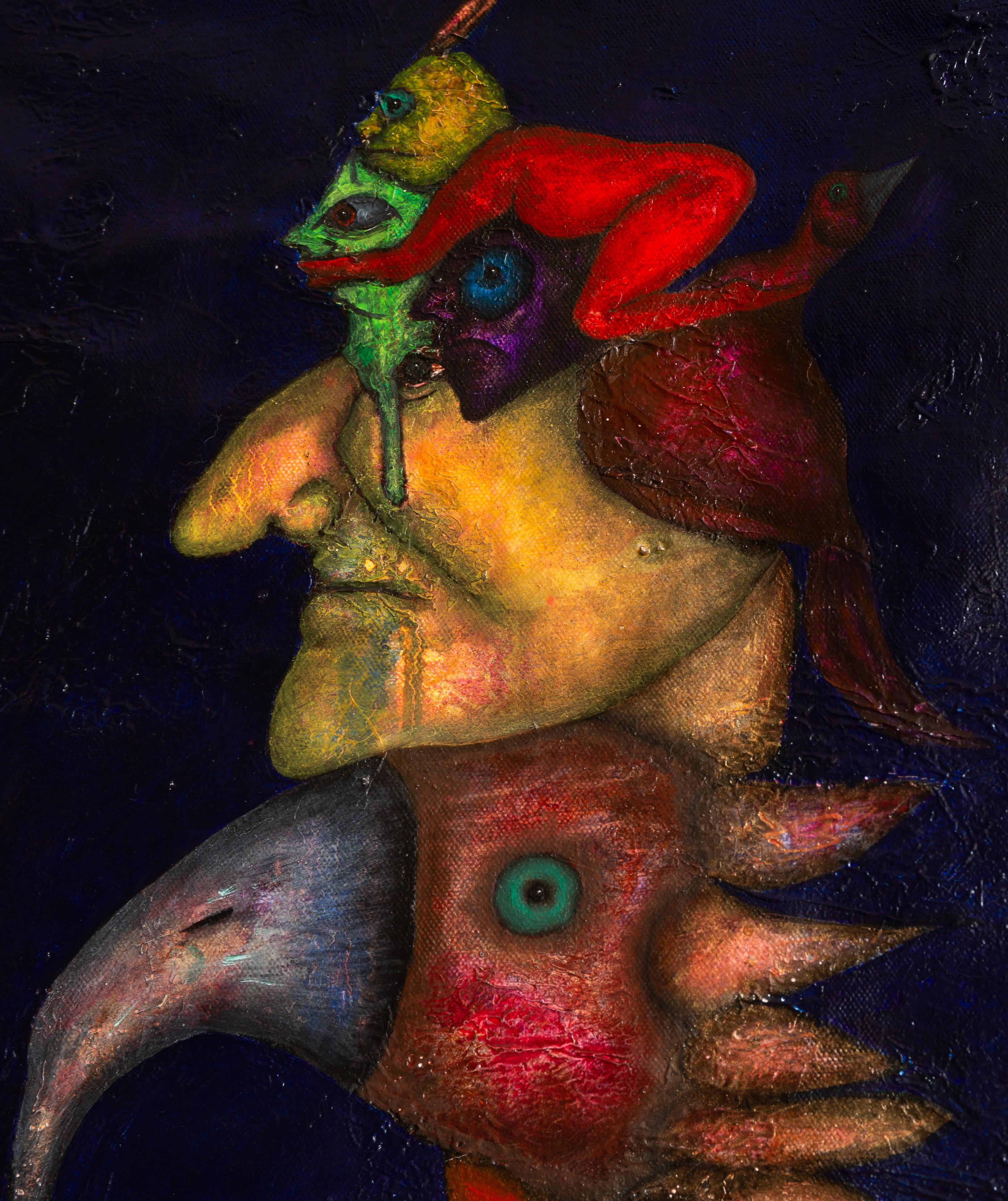 Pittura ad olio figurativa su tela blu Mixed Media And Textures. Trasfigurazione - Painting di Luis Alexander Rodríguez (Ie-Xiua)