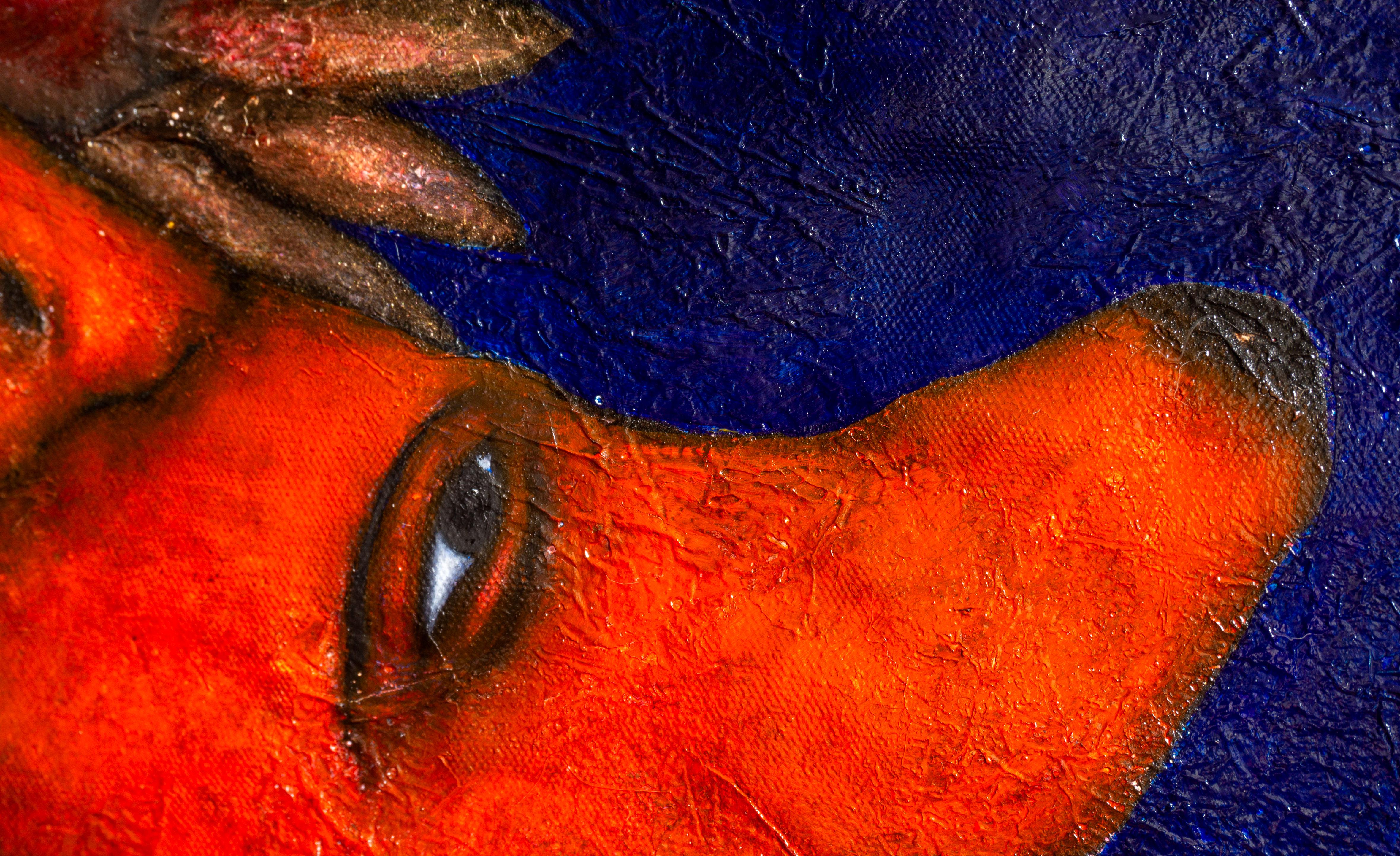 Pittura ad olio figurativa su tela blu Mixed Media And Textures. Trasfigurazione in vendita 15