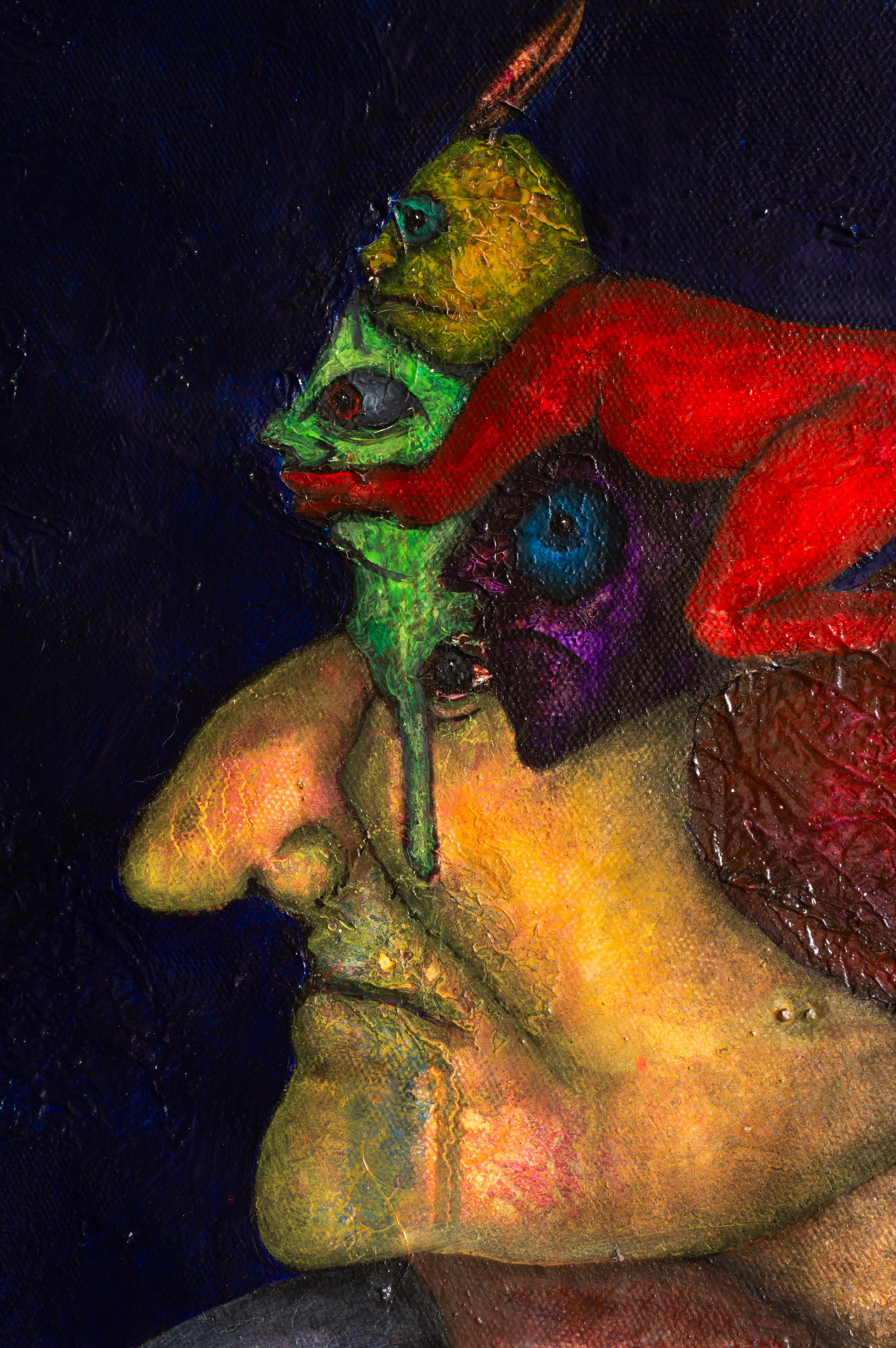 Pittura ad olio figurativa su tela blu Mixed Media And Textures. Trasfigurazione - Painting Contemporaneo di Luis Alexander Rodríguez (Ie-Xiua)