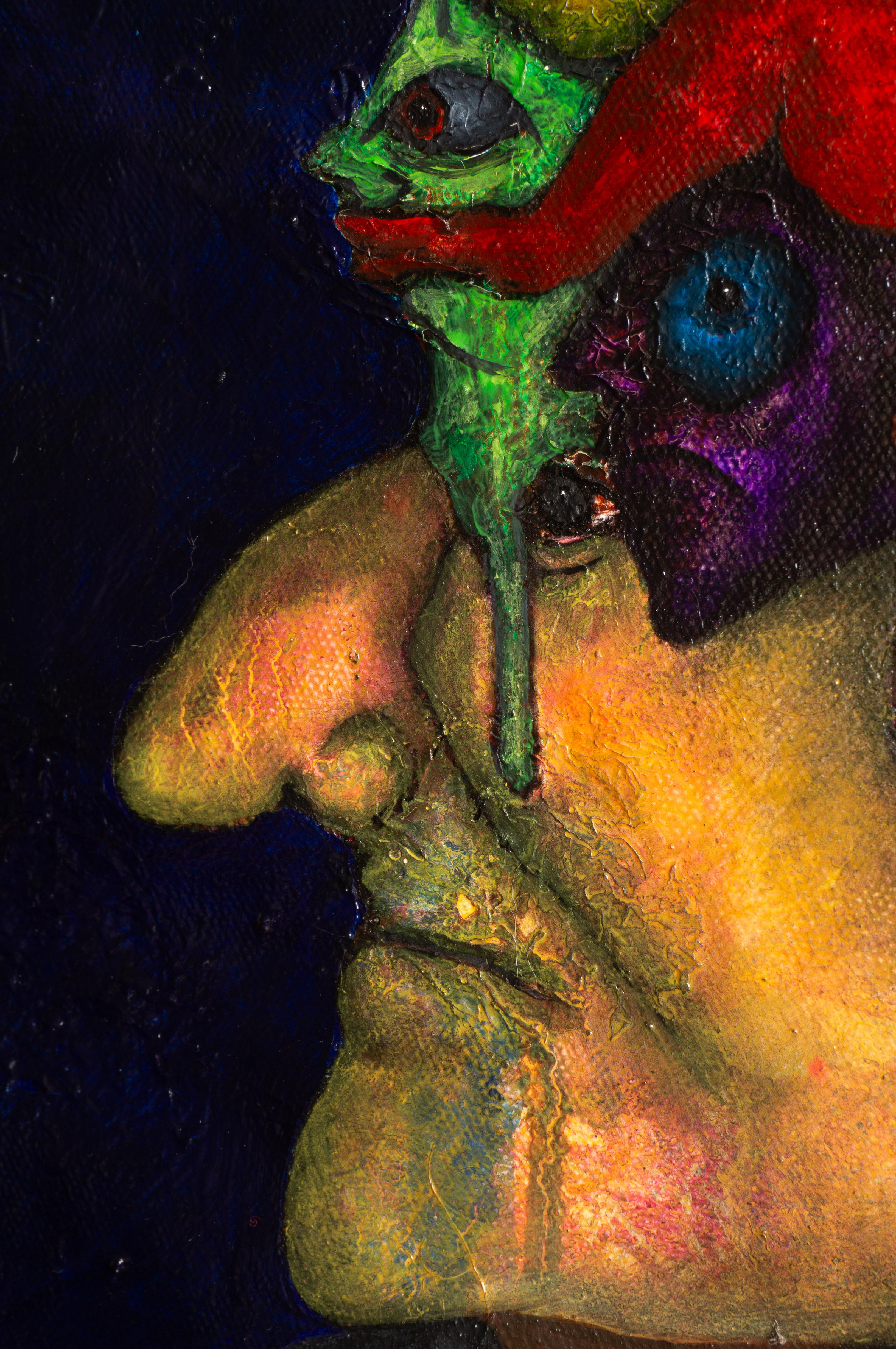 Quadro figurativo con animali, tecnica mista, su sfondo blu. Magia animale figurativa in blu. Un sogno condiviso in cui tu e io siamo un tutt'uno con loro. Tutto è collegato: il visibile e l'invisibile.

Tecnica mista. Olio su tela con colori