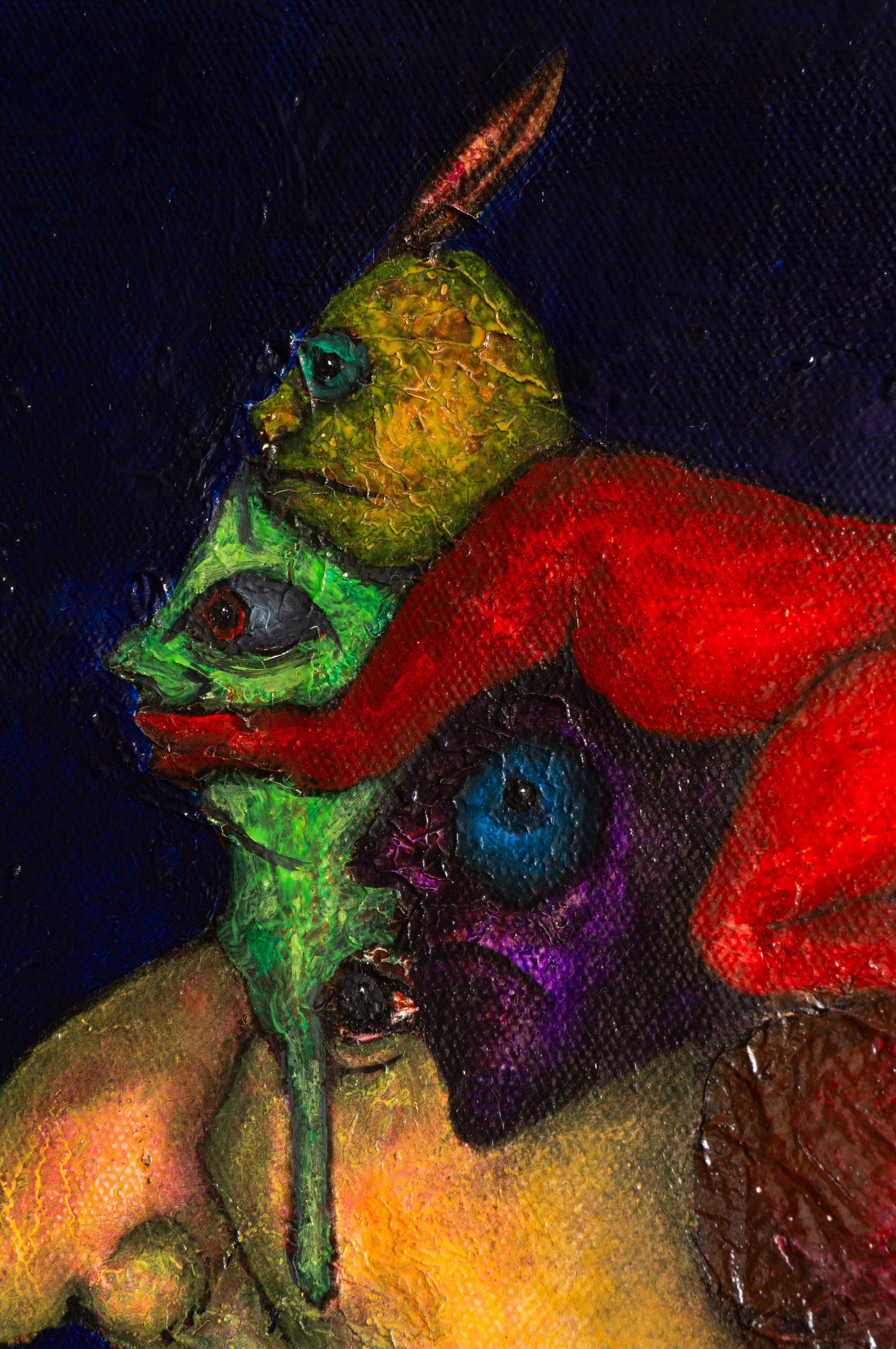 Pittura ad olio figurativa su tela blu Mixed Media And Textures. Trasfigurazione in vendita 2