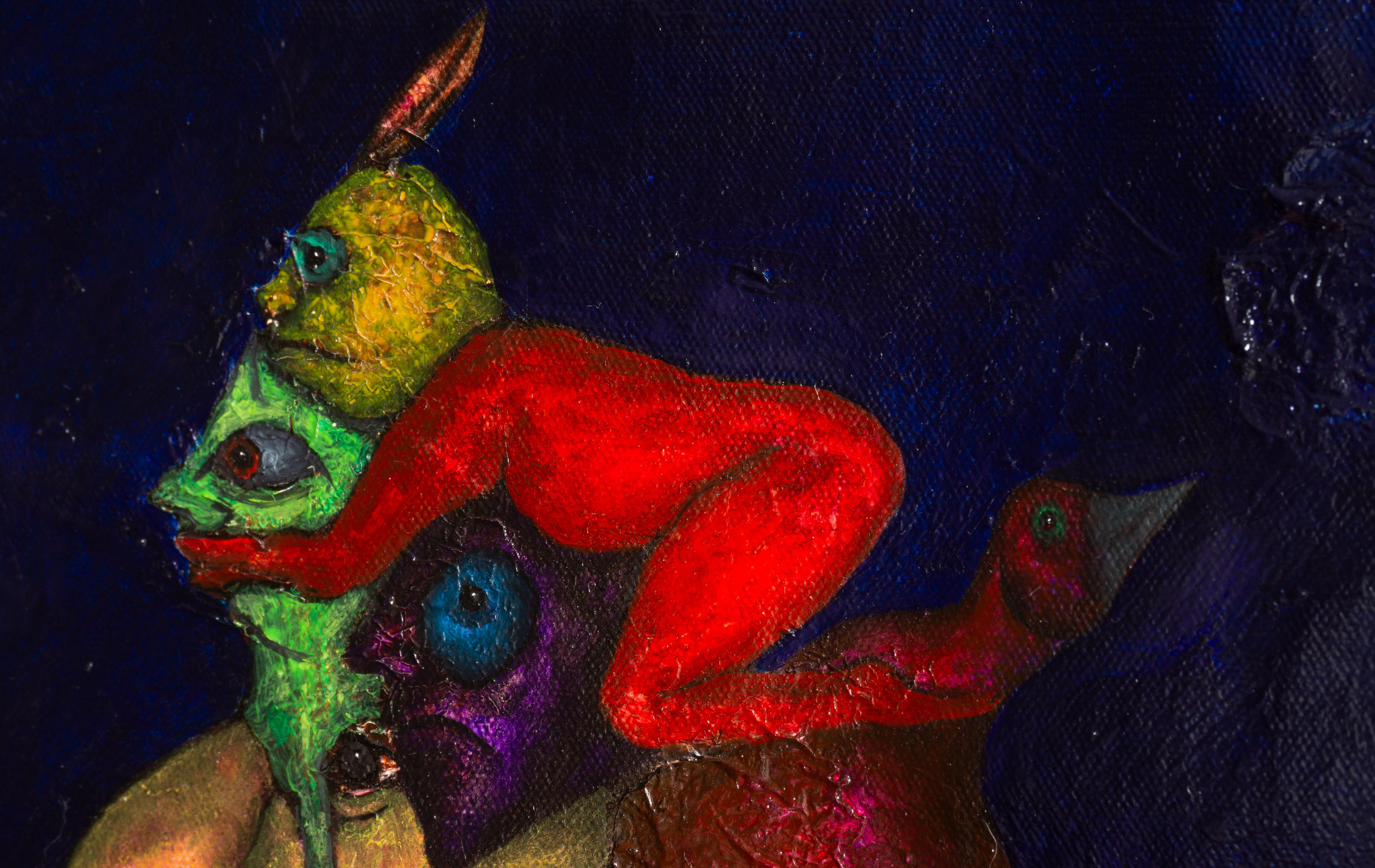 Pittura ad olio figurativa su tela blu Mixed Media And Textures. Trasfigurazione in vendita 3