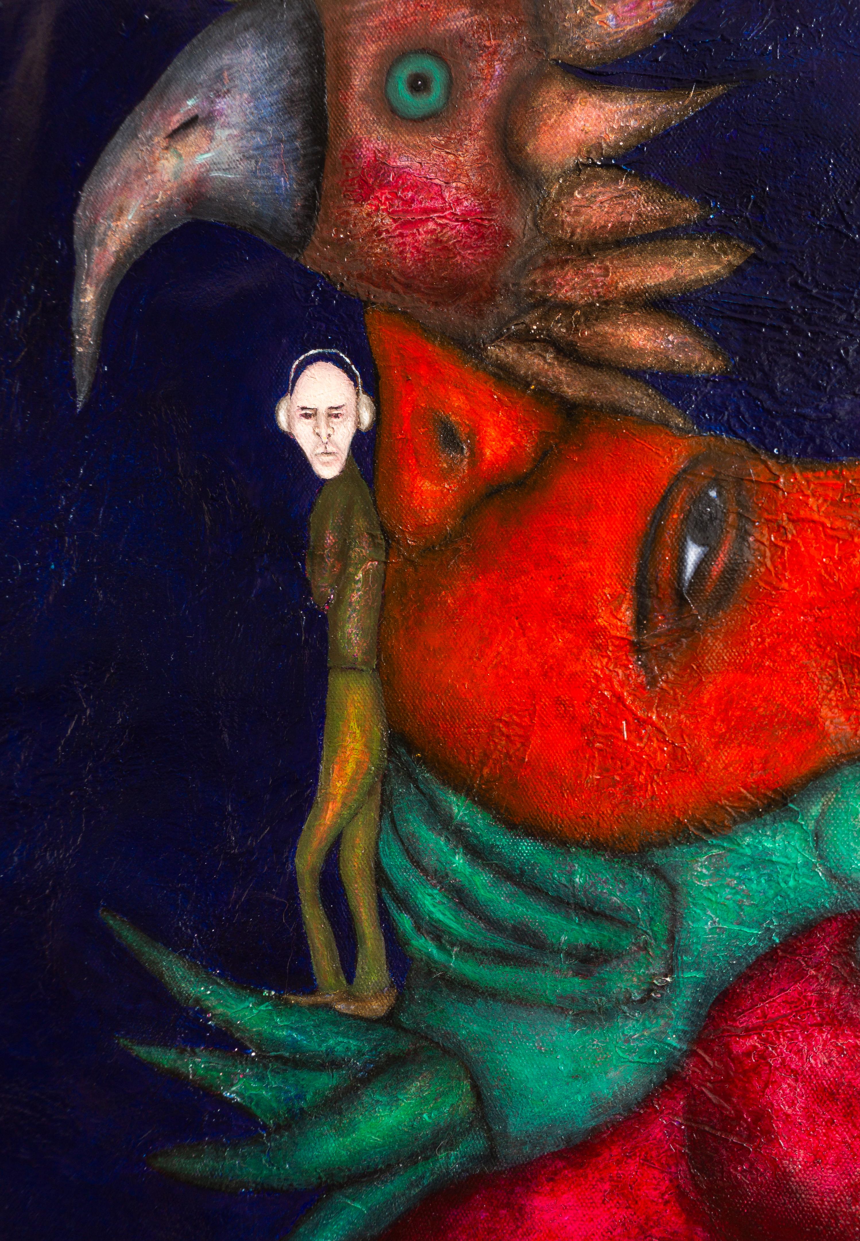 Pittura ad olio figurativa su tela blu Mixed Media And Textures. Trasfigurazione in vendita 4