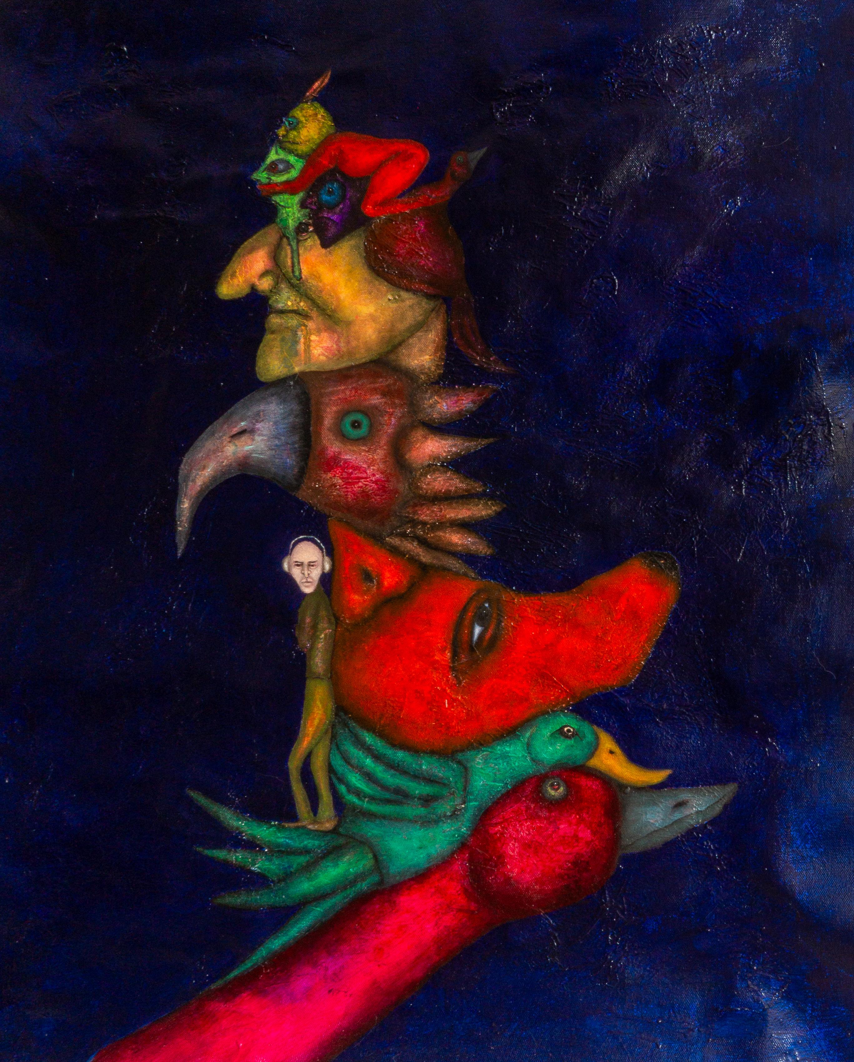Portrait Painting di Luis Alexander Rodríguez (Ie-Xiua) - Pittura ad olio figurativa su tela blu Mixed Media And Textures. Trasfigurazione